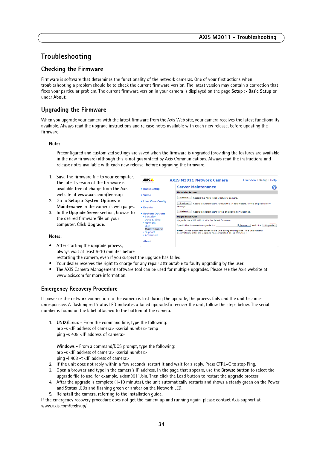 Axis Communications user manual Checking the Firmware, Upgrading the Firmware, Axis M3011 Troubleshooting 