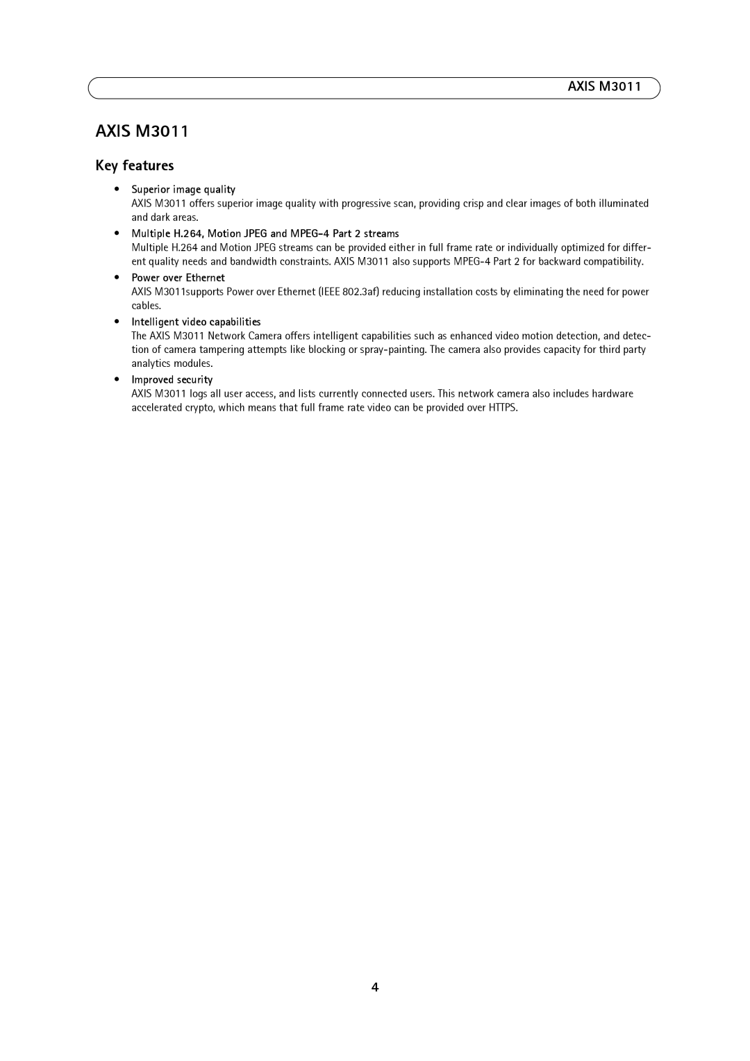 Axis Communications user manual Axis M3011, Key features 