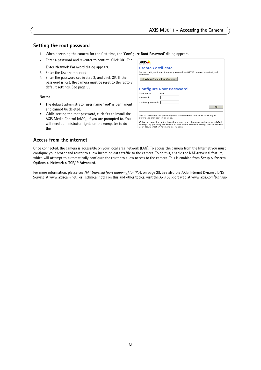 Axis Communications M3011 user manual Setting the root password, Access from the internet 