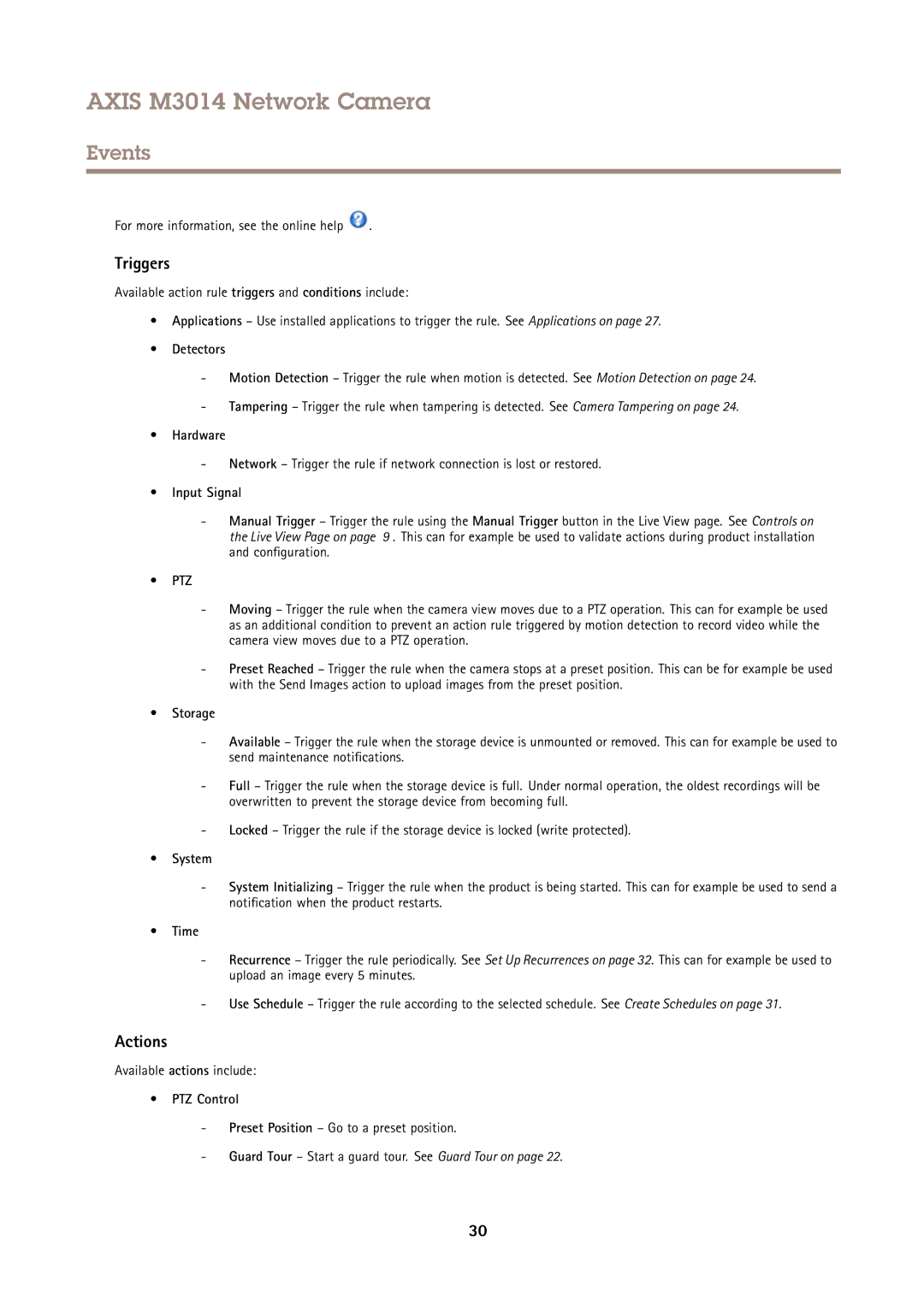 Axis Communications M3014 user manual Triggers, Actions 