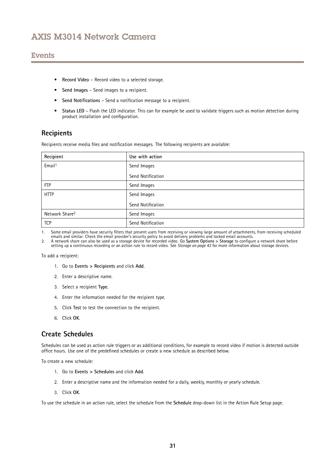 Axis Communications M3014 Create Schedules, Recipient Use with action, Go to Events Recipients and click Add 