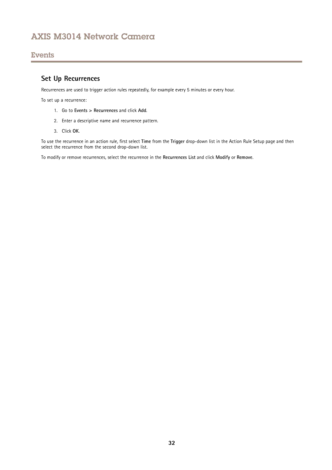 Axis Communications M3014 user manual Set Up Recurrences, Go to Events Recurrences and click Add 