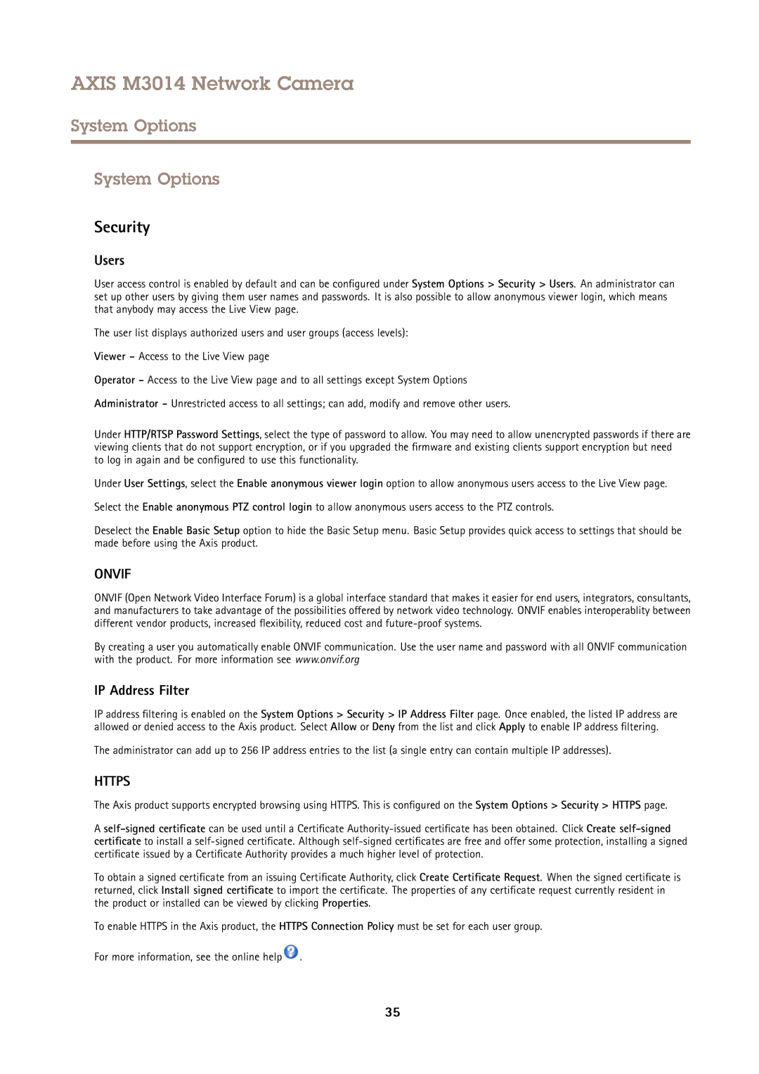 Axis Communications M3014 user manual System Options, Security, Users, IP Address Filter 