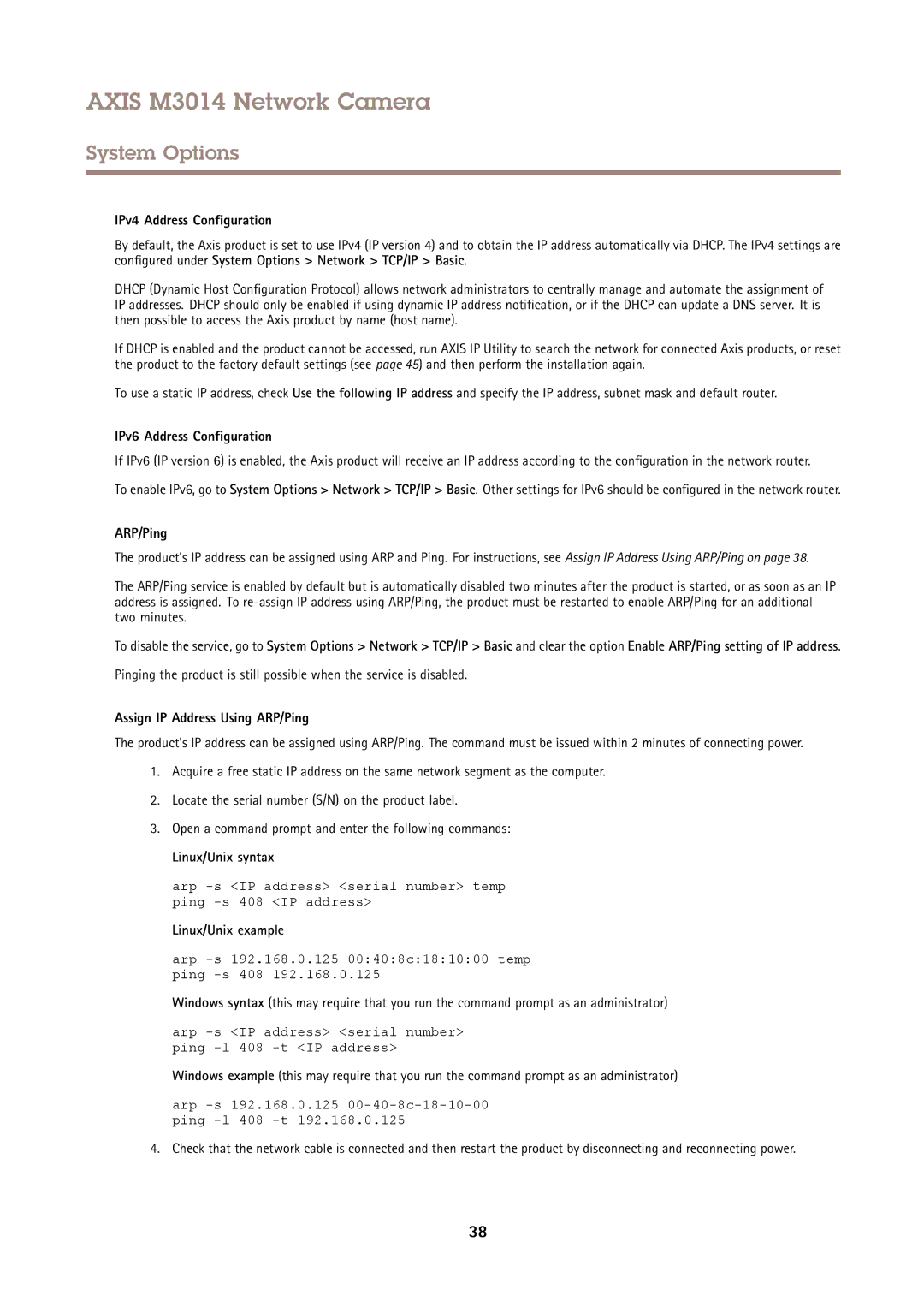 Axis Communications M3014 user manual IPv4 Address Configuration, IPv6 Address Configuration, ARP/Ping, Linux/Unix syntax 