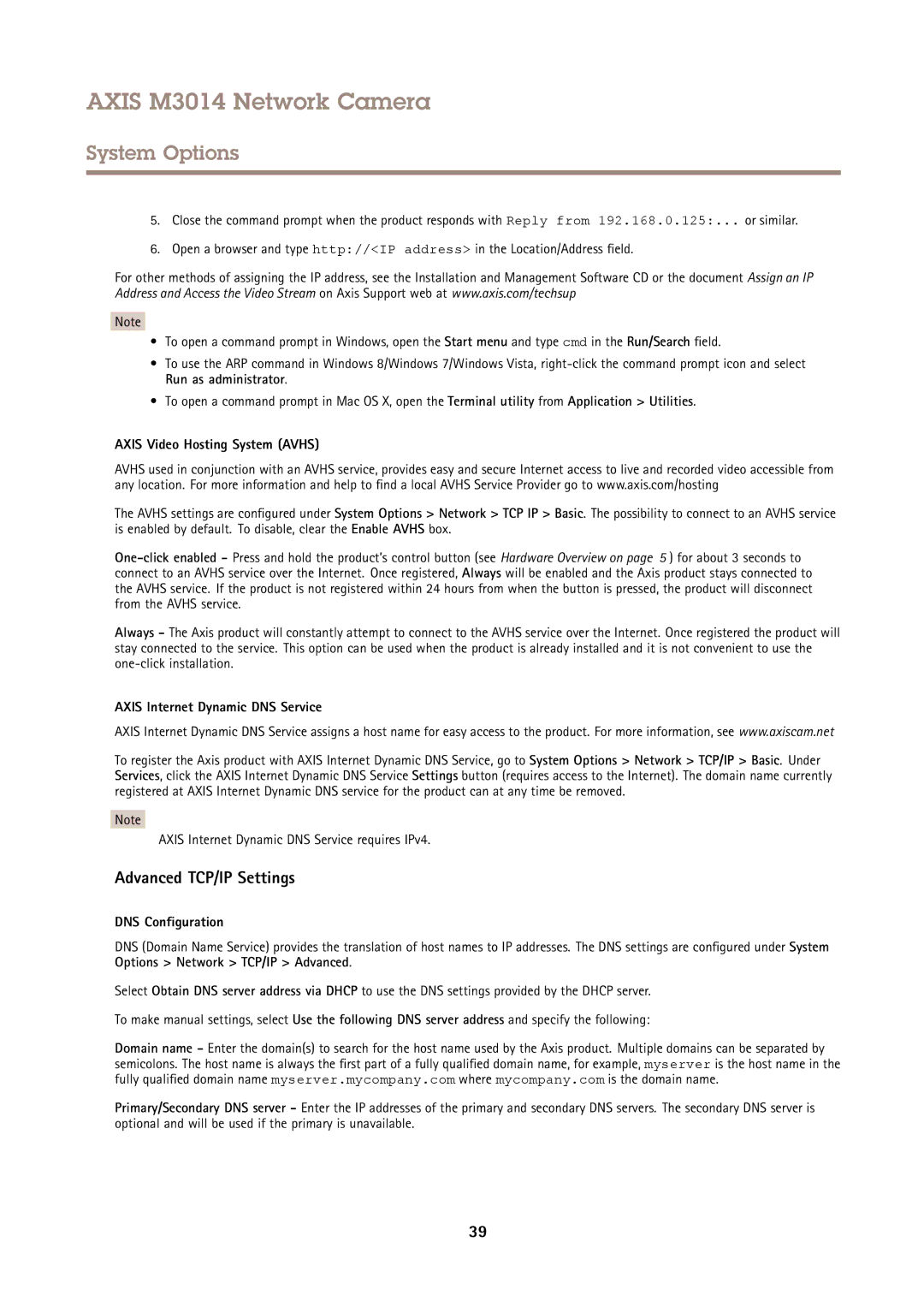 Axis Communications M3014 Advanced TCP/IP Settings, Axis Video Hosting System Avhs, Axis Internet Dynamic DNS Service 