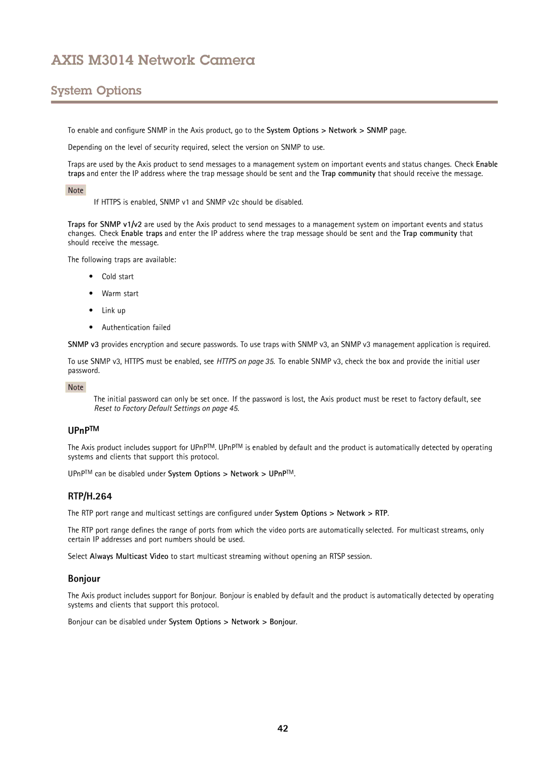 Axis Communications M3014 user manual RTP/H.264, Bonjour, UPnPTM can be disabled under System Options Network UPnPTM 