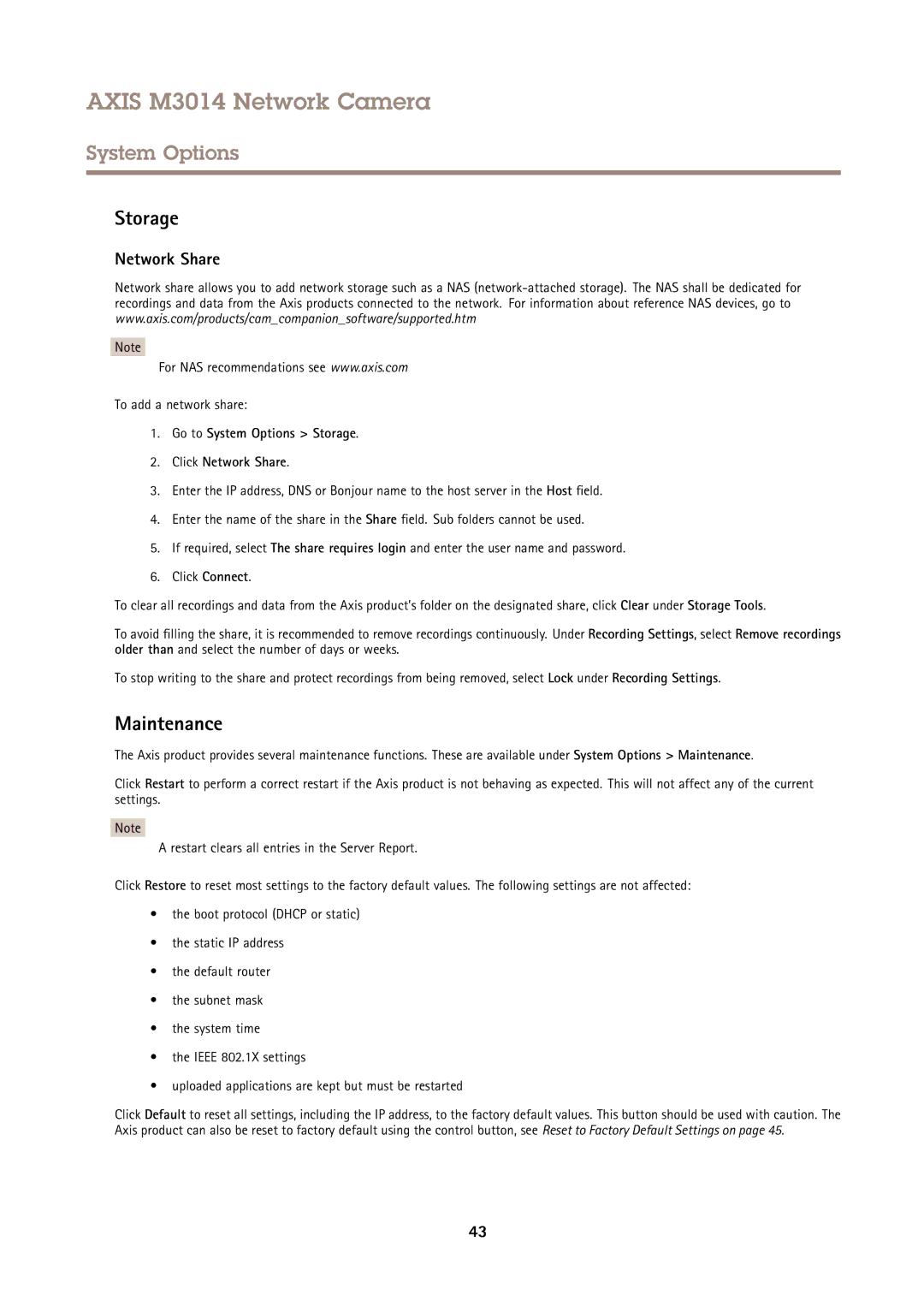 Axis Communications M3014 user manual Maintenance, Go to System Options Storage Click Network Share 