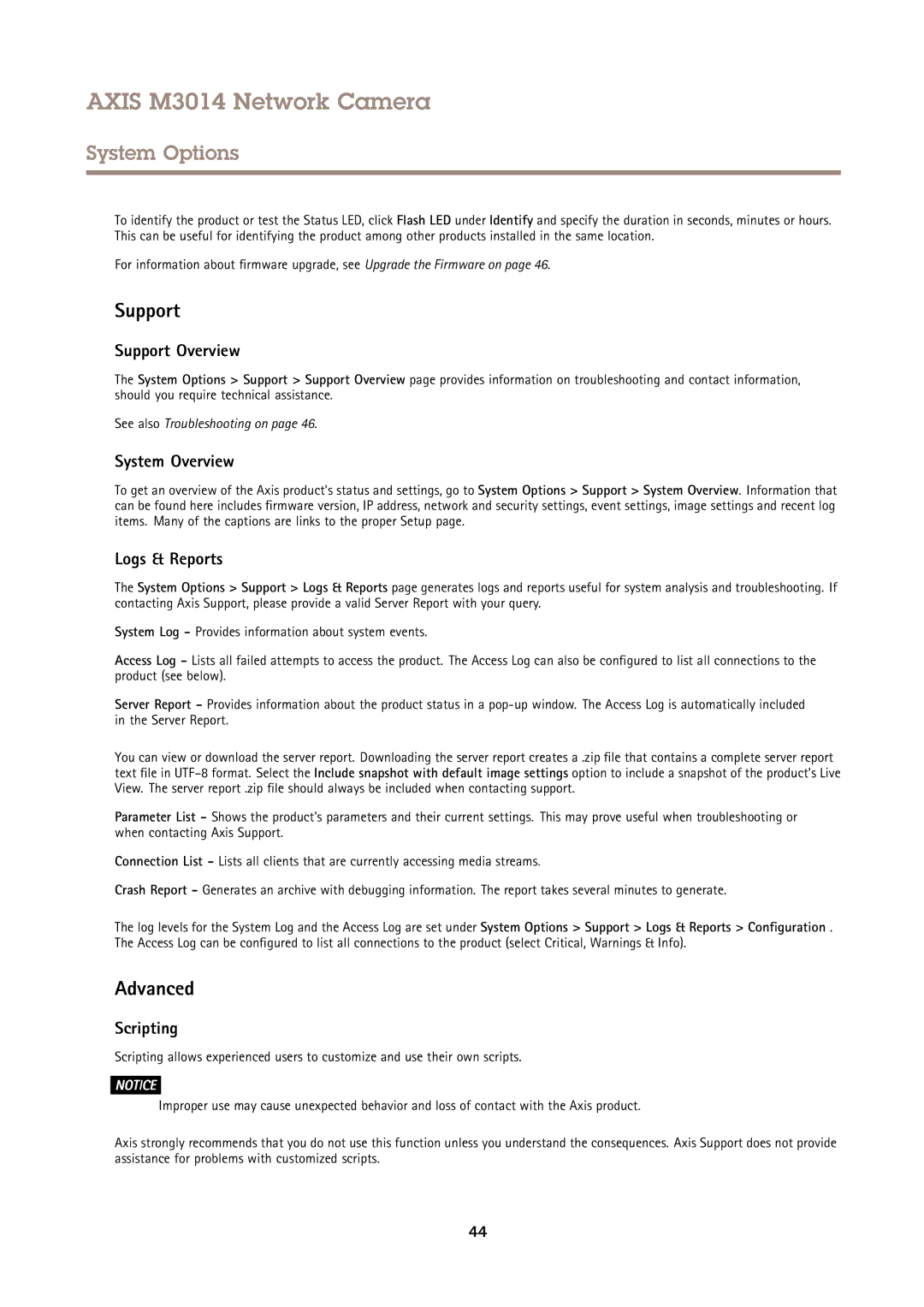 Axis Communications M3014 user manual Support Overview, System Overview, Logs & Reports, Scripting 