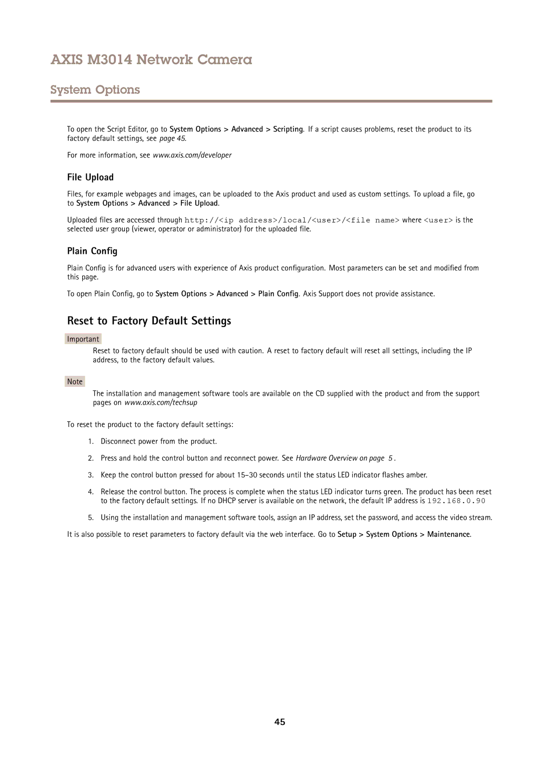 Axis Communications M3014 user manual Reset to Factory Default Settings, File Upload, Plain Config 