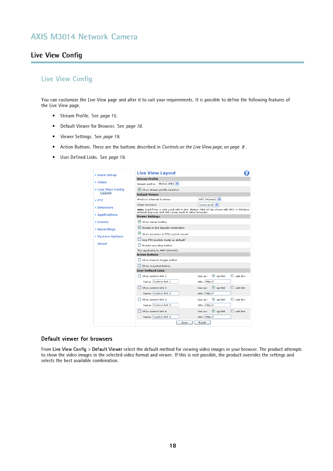 Axis Communications M3014 user manual Live View Conﬁg, Default viewer for browsers 