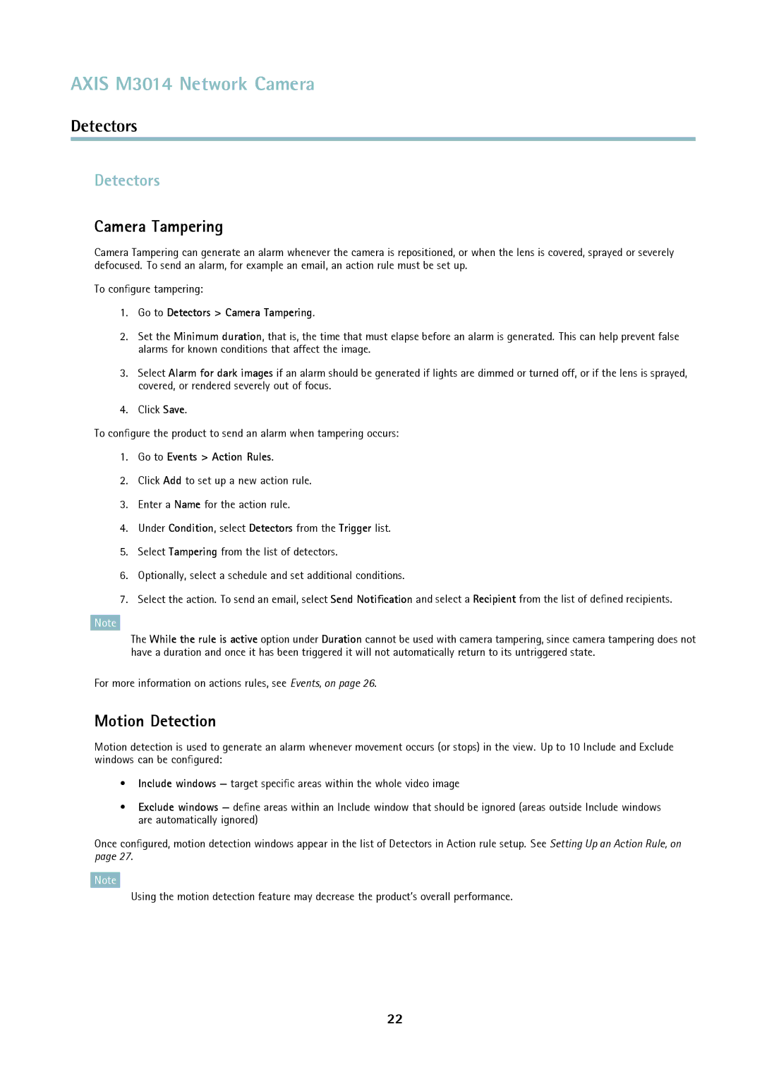 Axis Communications M3014 user manual Detectors, Camera Tampering, Motion Detection 