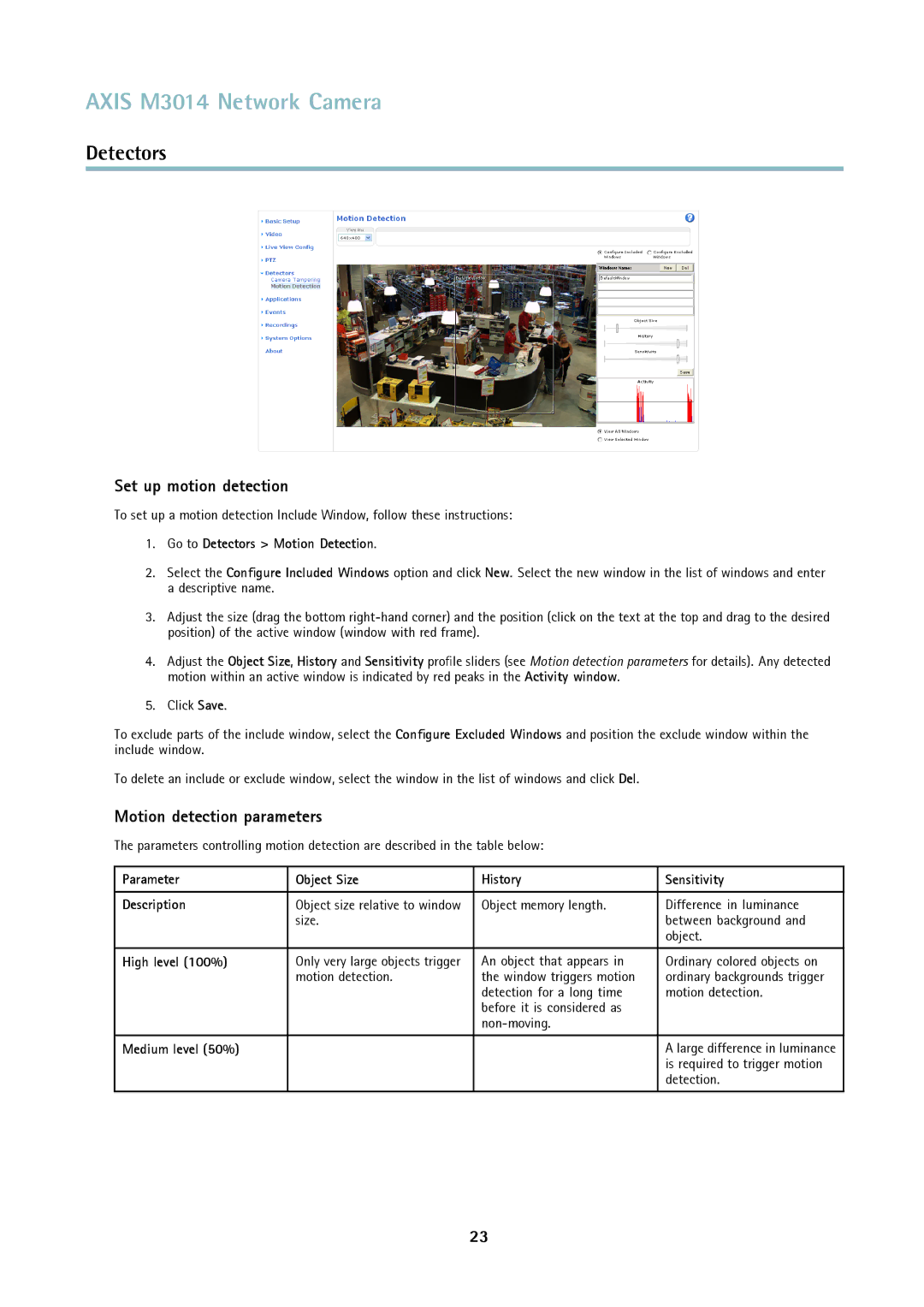 Axis Communications M3014 user manual Set up motion detection, Motion detection parameters 