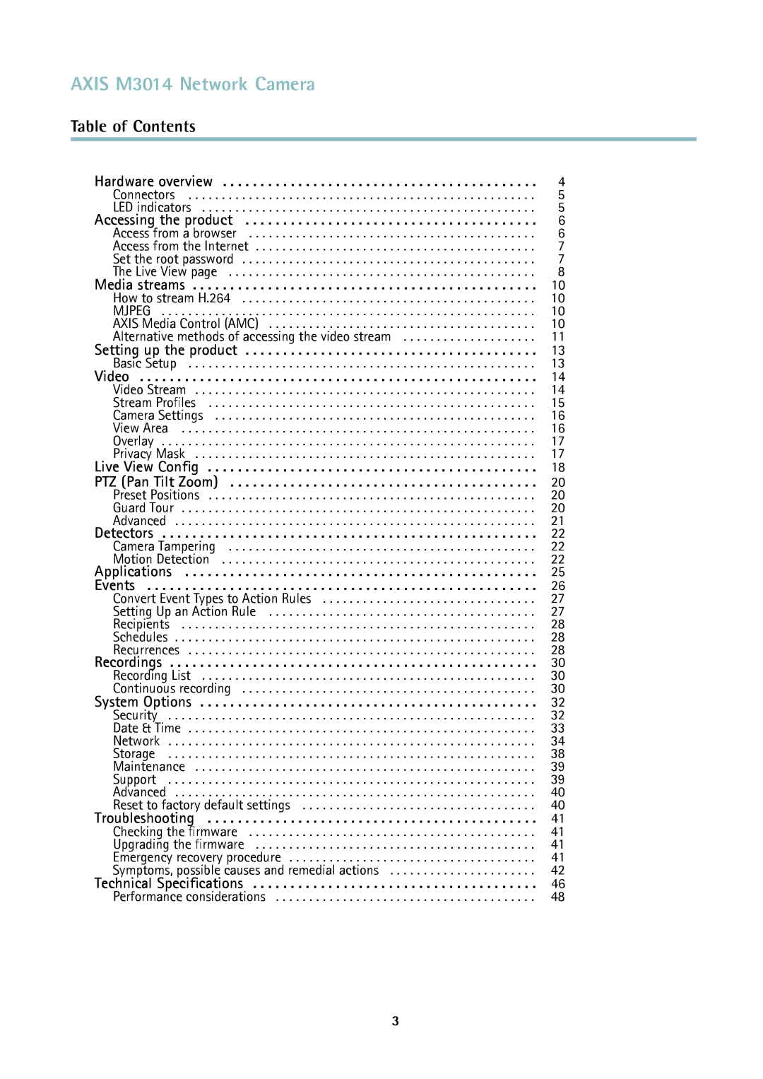 Axis Communications user manual Axis M3014 Network Camera, Table of Contents 