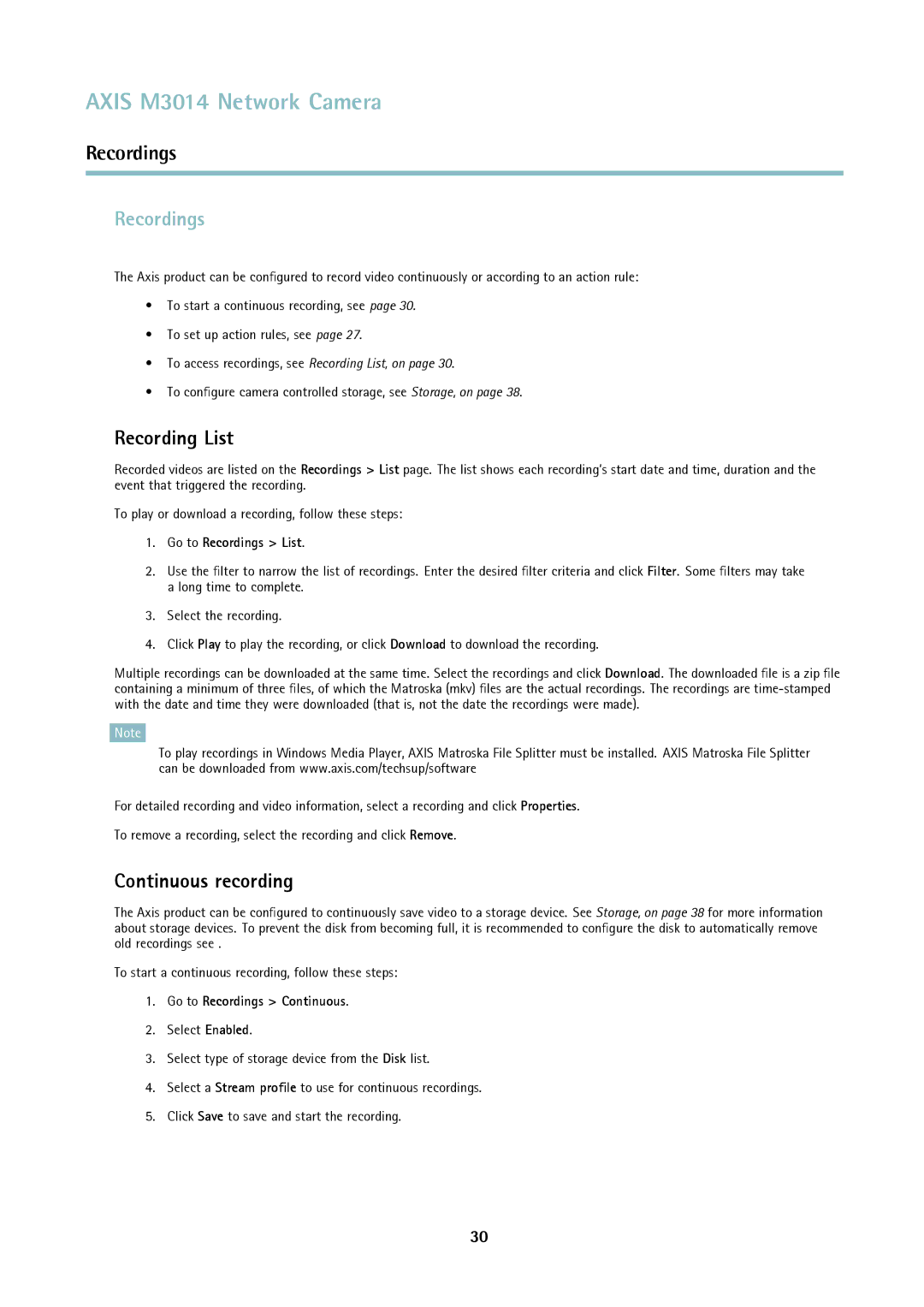 Axis Communications M3014 user manual Recordings, Recording List, Continuous recording 