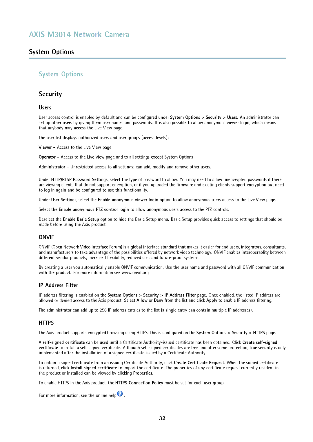 Axis Communications M3014 user manual System Options, Security, Users, IP Address Filter 