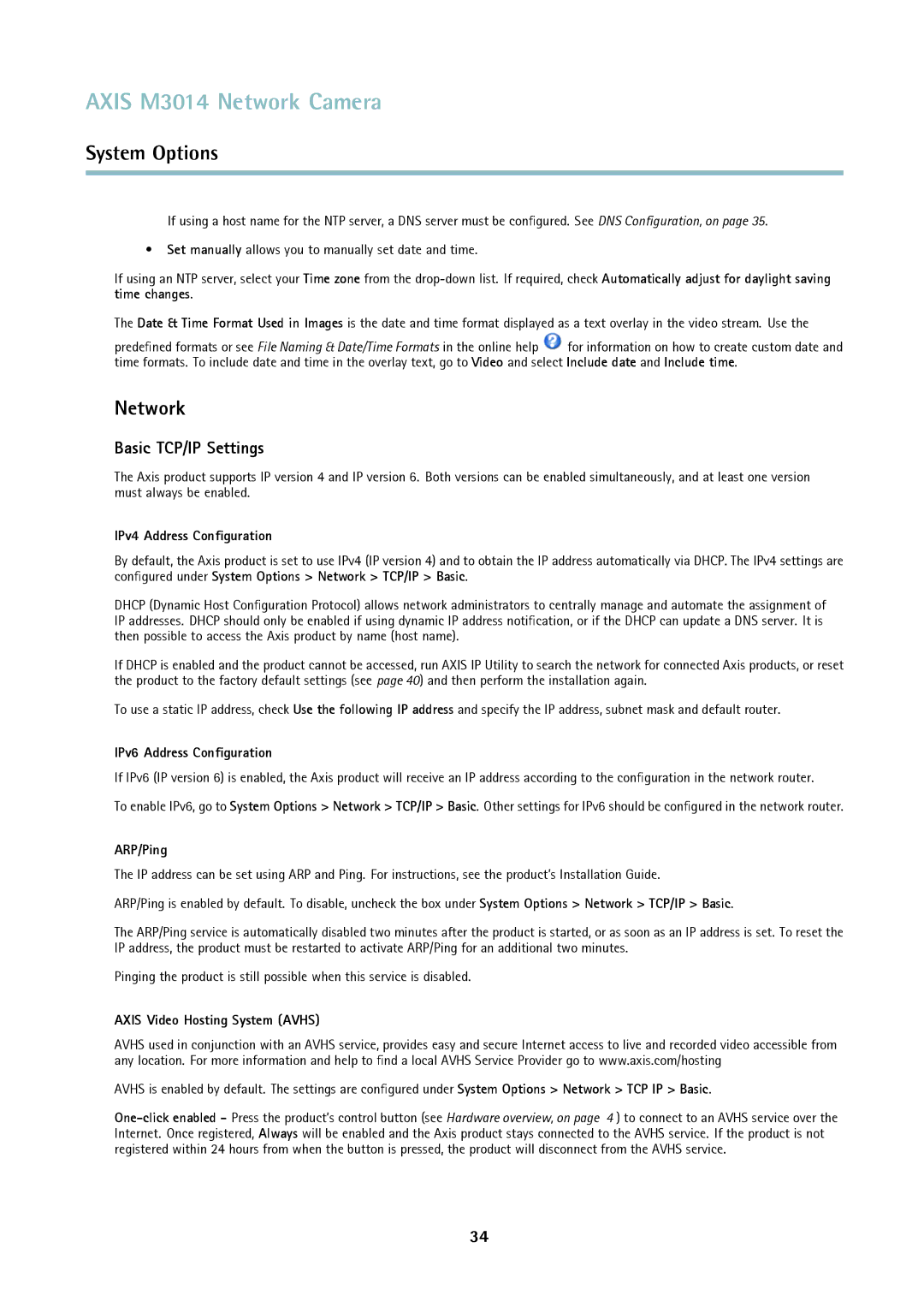 Axis Communications M3014 user manual Network, Basic TCP/IP Settings 