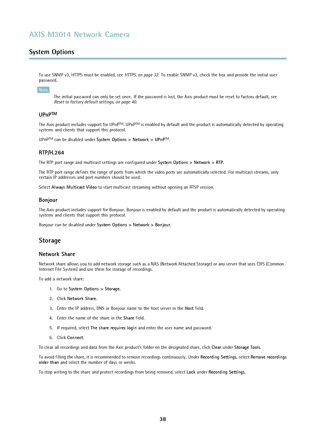 Axis Communications M3014 user manual Storage, UPnPTM, RTP/H.264, Bonjour, Network Share 