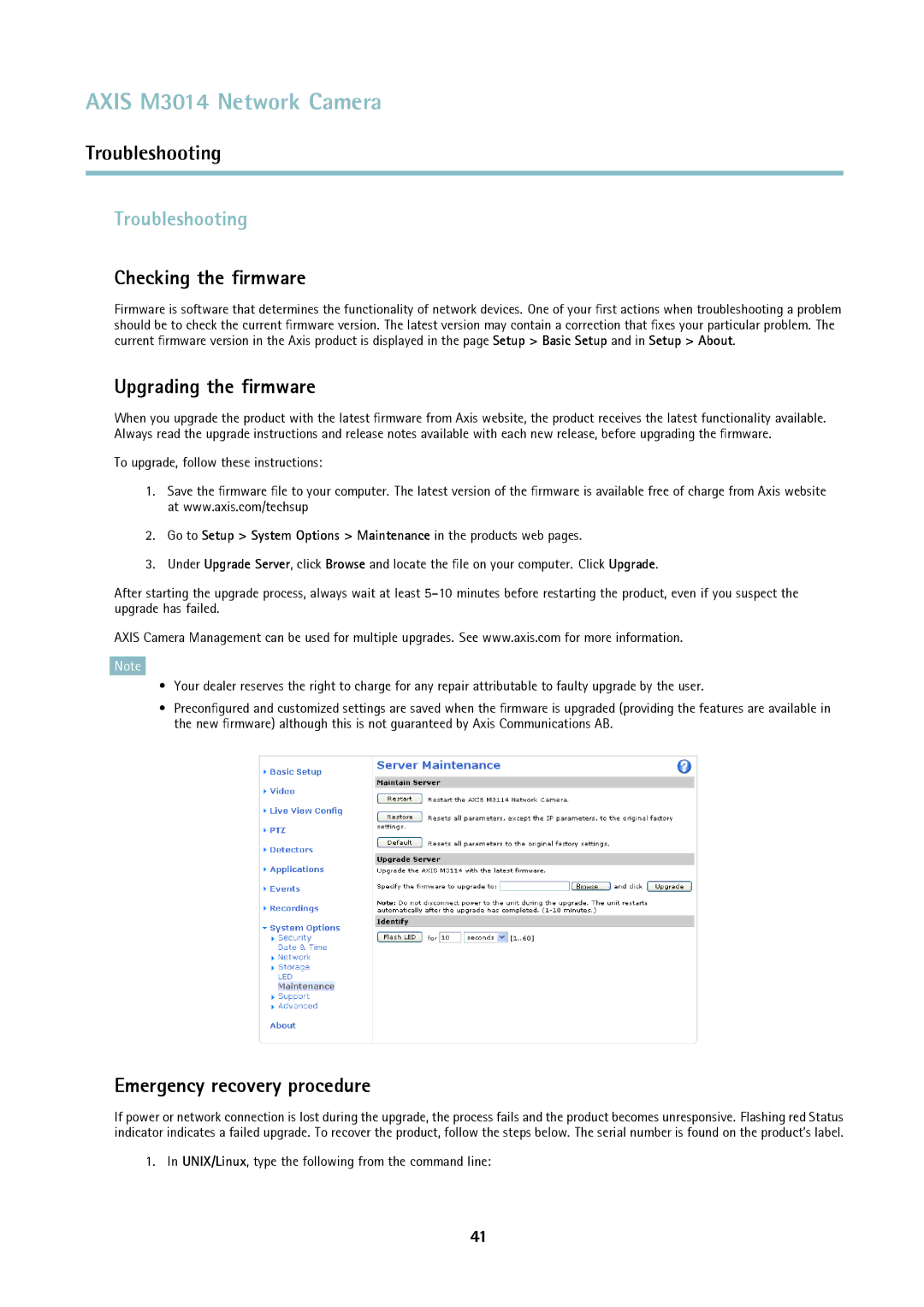 Axis Communications M3014 Troubleshooting, Checking the ﬁrmware, Upgrading the ﬁrmware, Emergency recovery procedure 