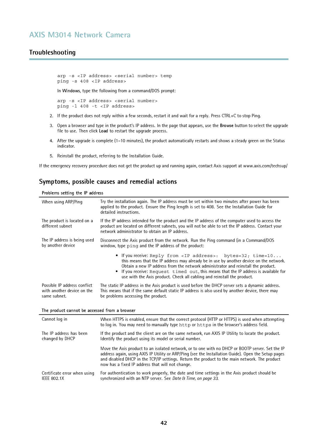 Axis Communications M3014 user manual Symptoms, possible causes and remedial actions, Problems setting the IP address 