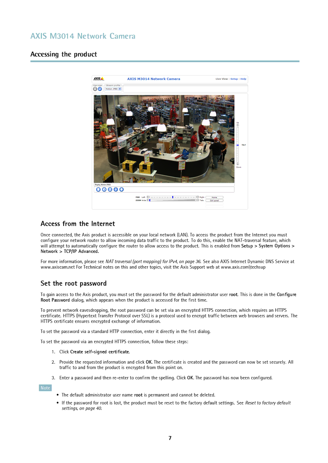 Axis Communications M3014 user manual Access from the Internet, Set the root password, Network TCP/IP Advanced 