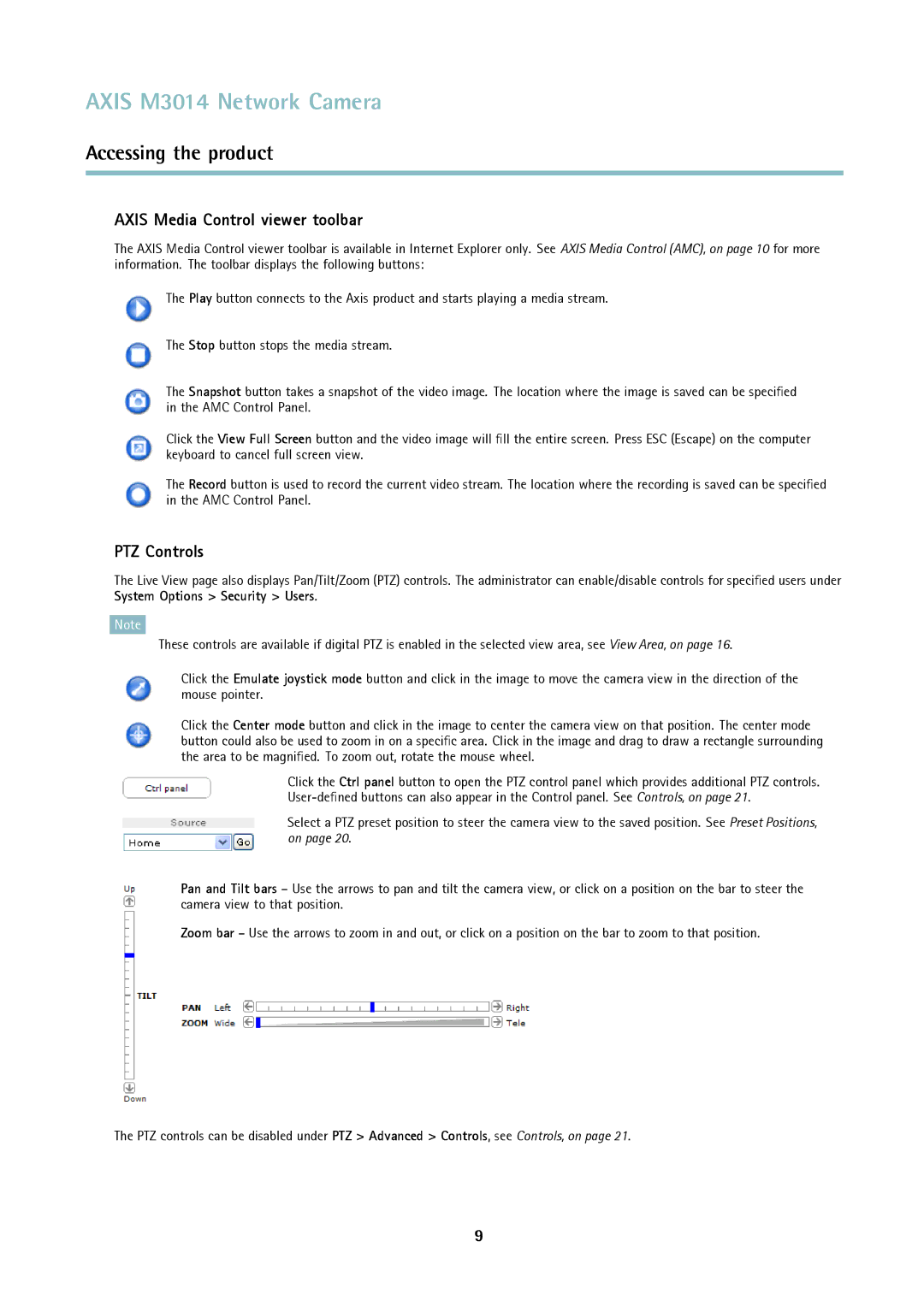 Axis Communications M3014 user manual Axis Media Control viewer toolbar, PTZ Controls 