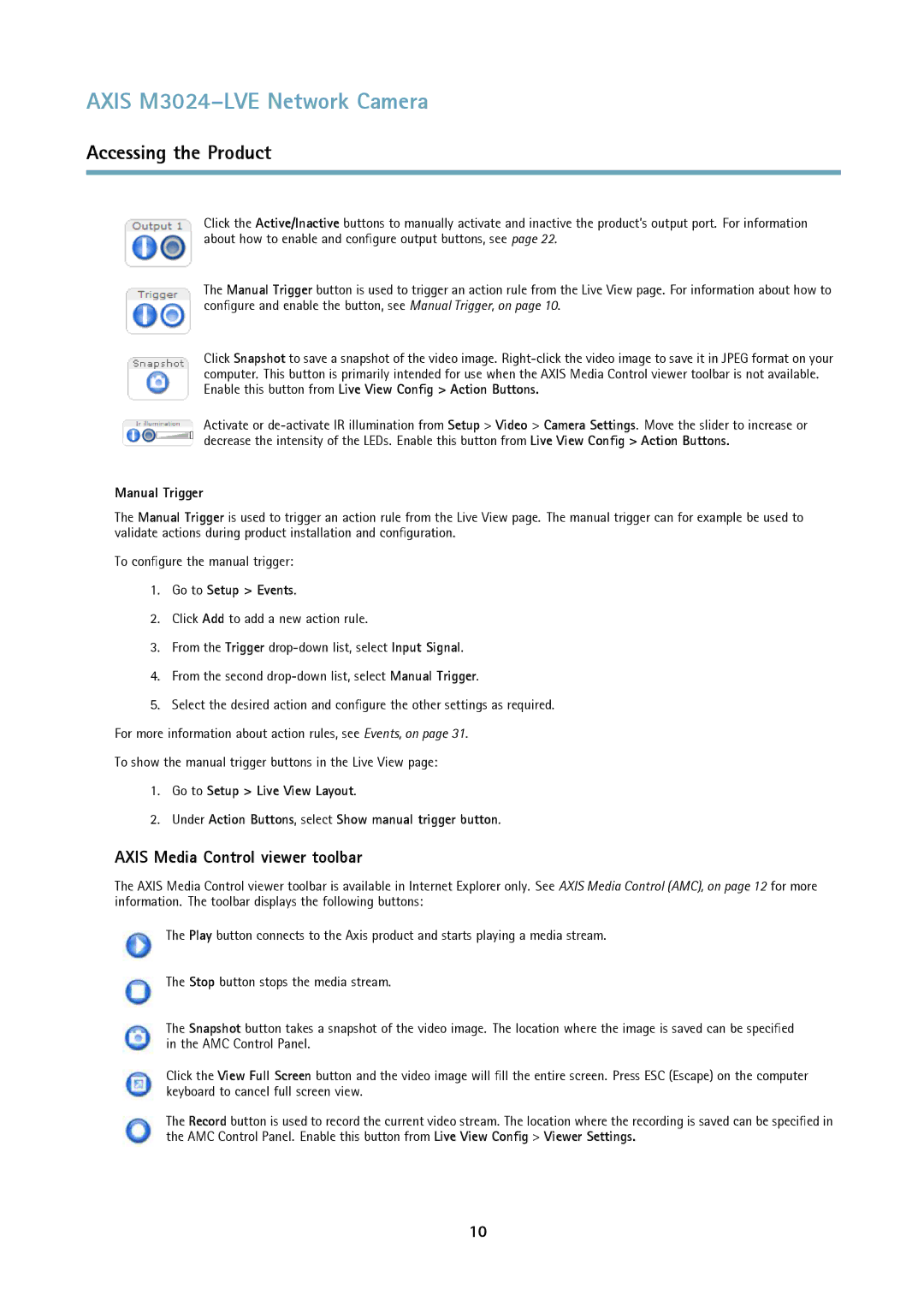 Axis Communications M3024LVE user manual Axis Media Control viewer toolbar, Manual Trigger, Go to Setup Events 
