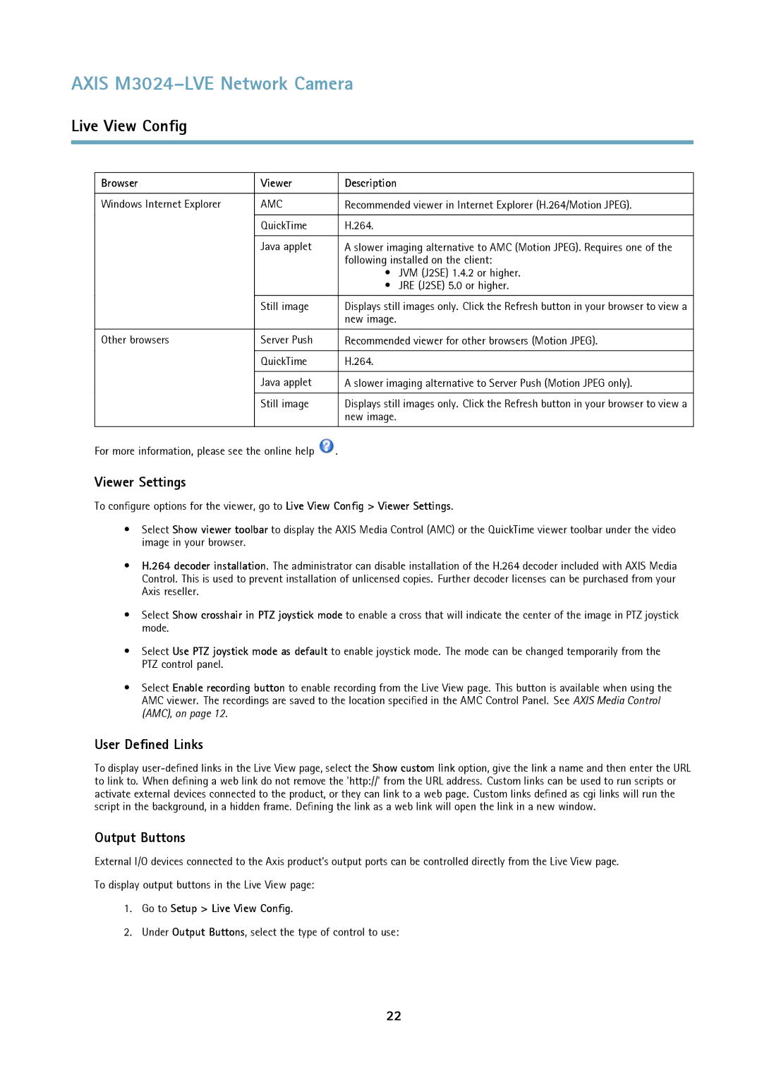 Axis Communications M3024LVE user manual Viewer Settings, User Defined Links, Output Buttons, Browser Viewer Description 