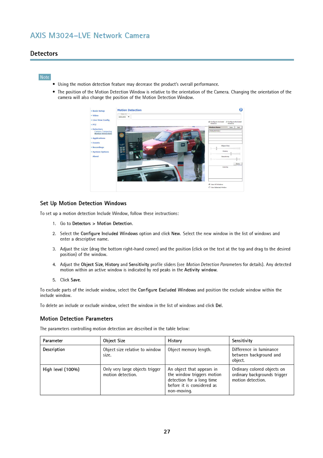 Axis Communications M3024LVE user manual Set Up Motion Detection Windows, Motion Detection Parameters, High level 100% 