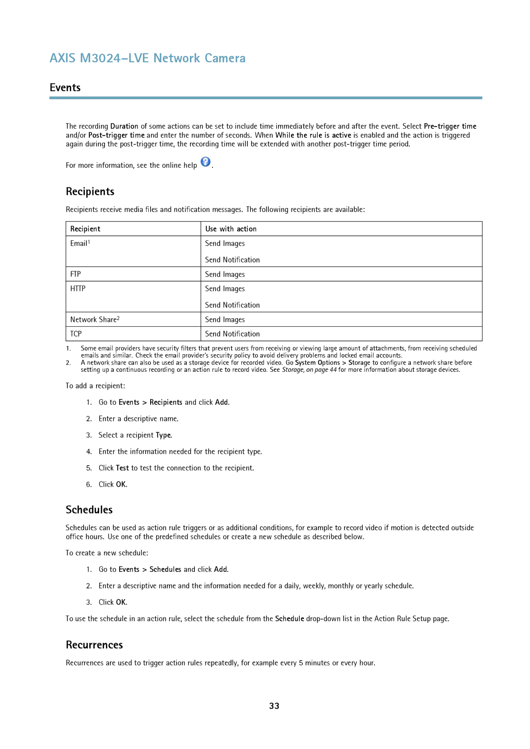 Axis Communications M3024LVE user manual Recipients, Schedules, Recurrences 