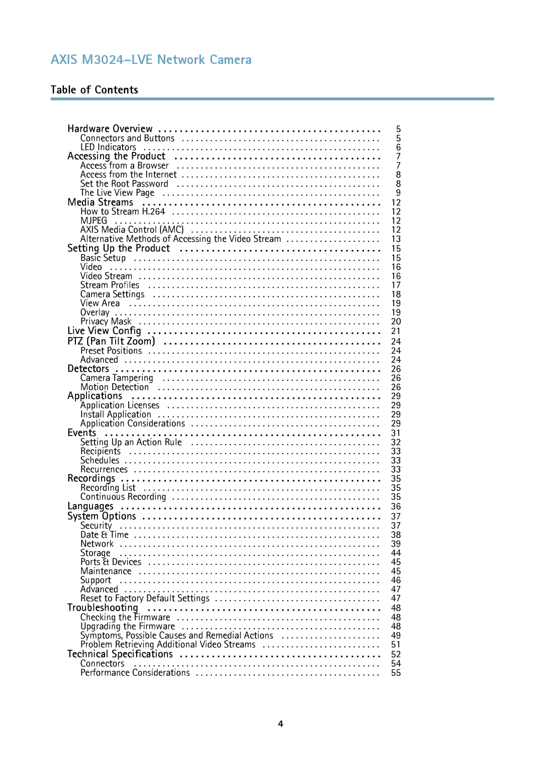 Axis Communications M3024LVE user manual Axis M3024-LVE Network Camera, Table of Contents 