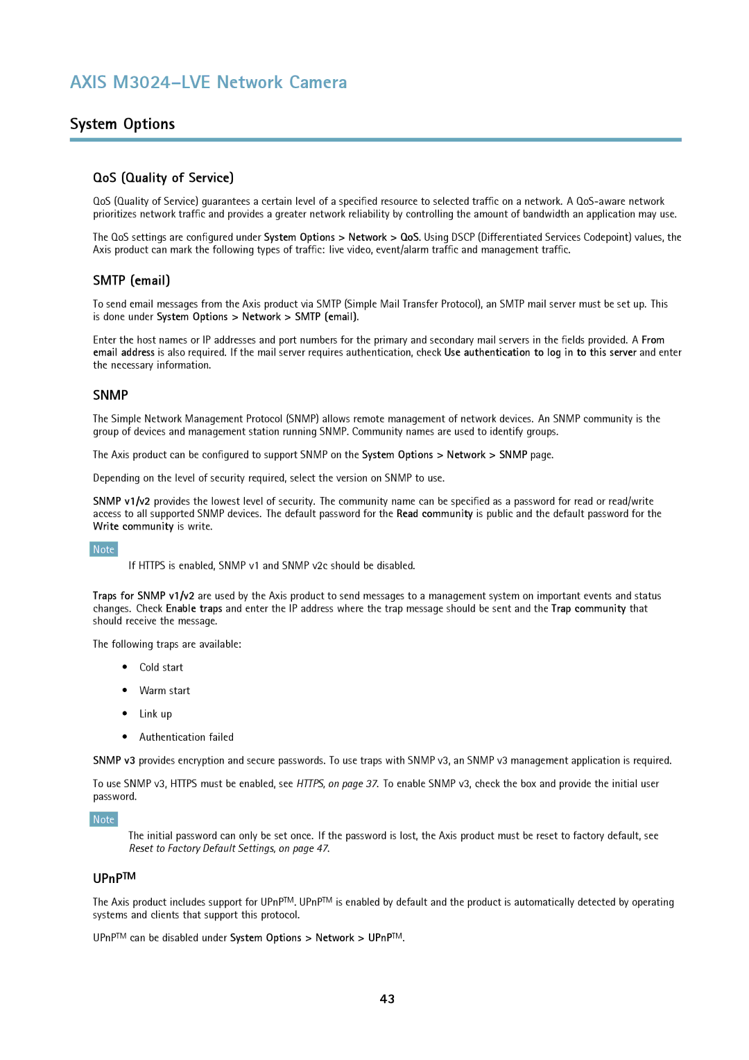 Axis Communications M3024LVE user manual QoS Quality of Service, Smtp email, UPnPTM 