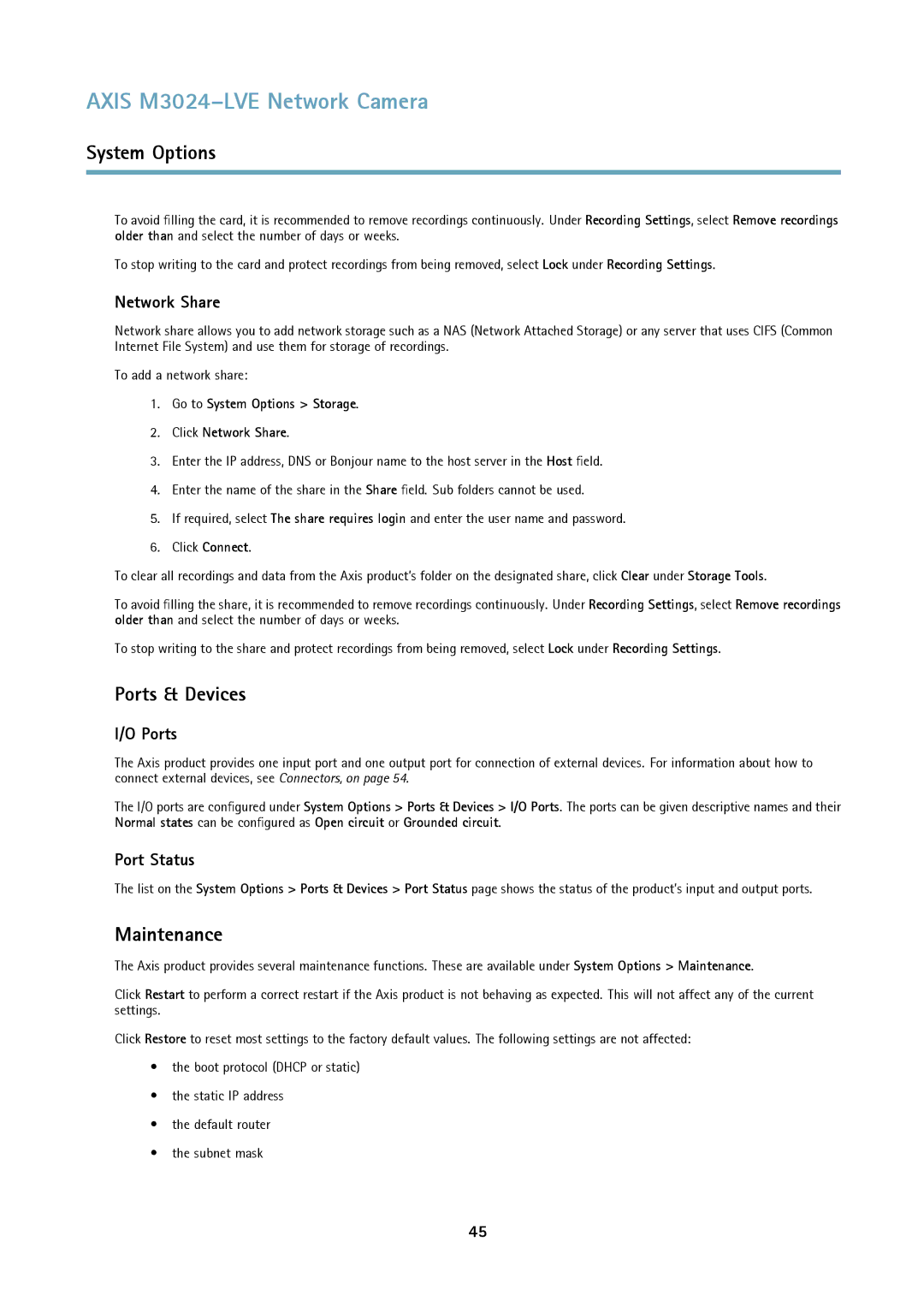 Axis Communications M3024LVE user manual Ports & Devices, Maintenance, Network Share, Port Status 