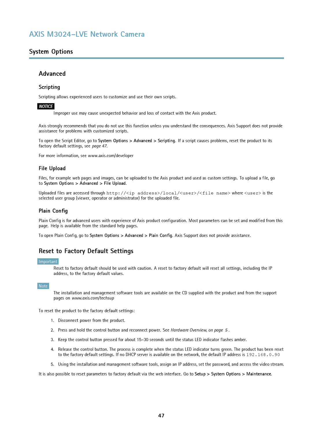 Axis Communications M3024LVE user manual System Options Advanced, Reset to Factory Default Settings, Scripting, File Upload 