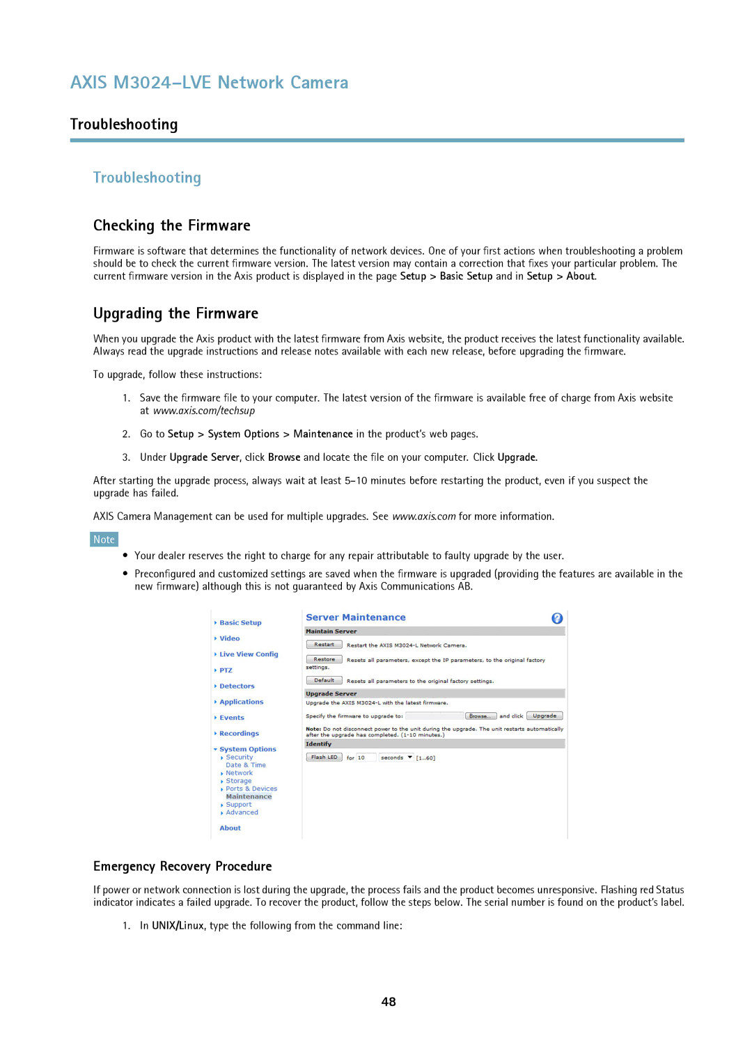 Axis Communications M3024LVE Troubleshooting, Checking the Firmware, Upgrading the Firmware, Emergency Recovery Procedure 