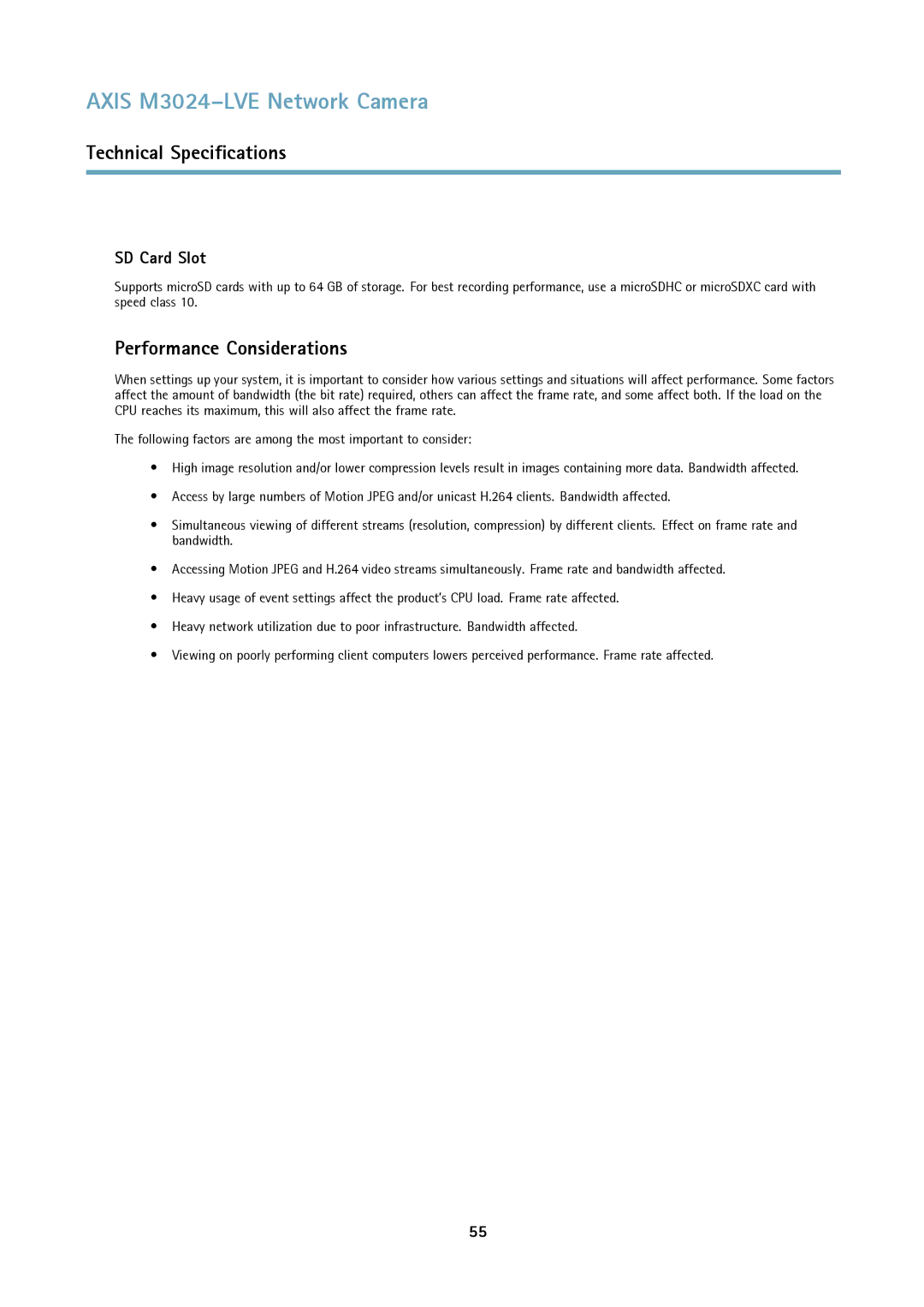 Axis Communications M3024LVE user manual Performance Considerations, SD Card Slot 