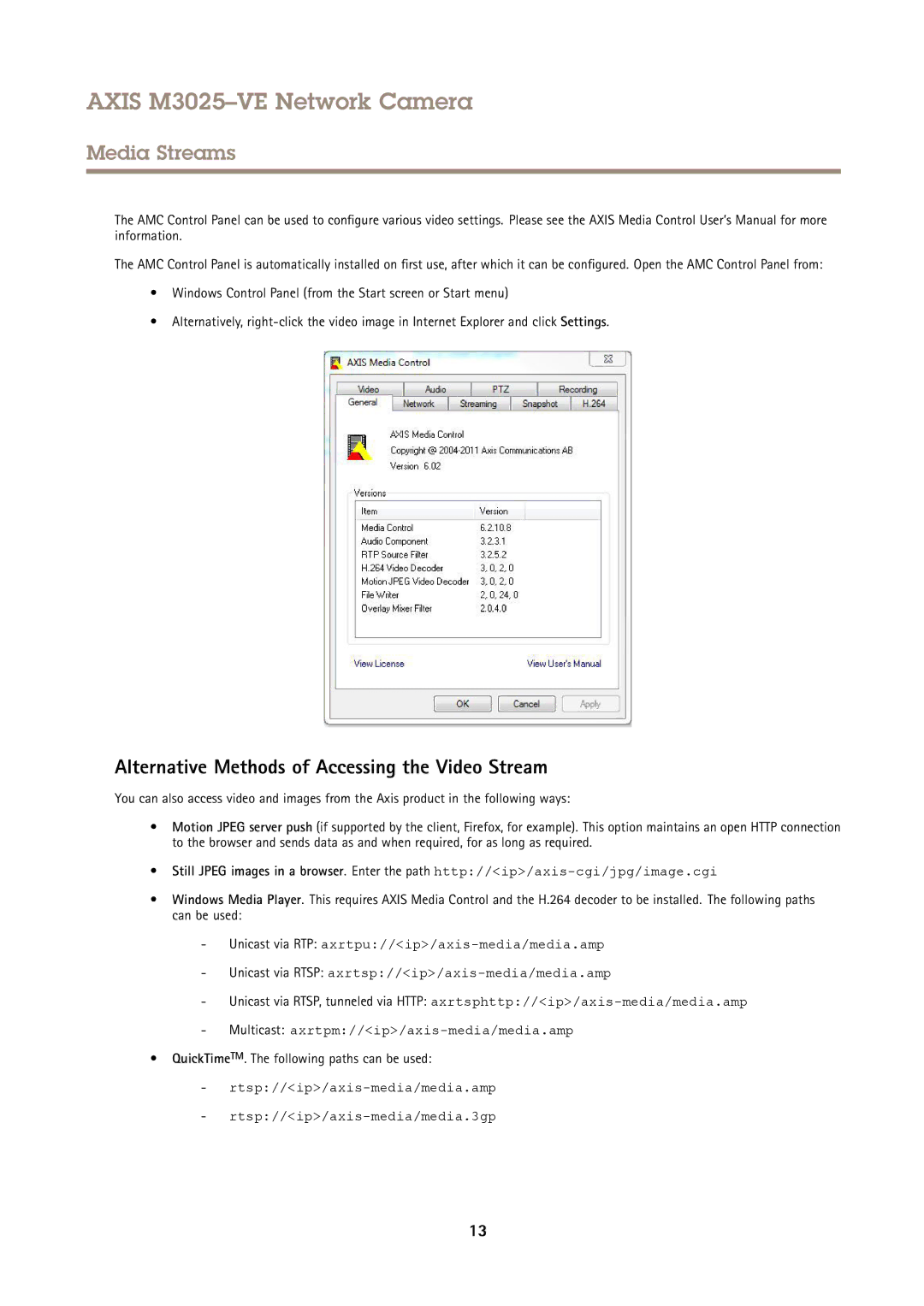 Axis Communications M3025-VE user manual Alternative Methods of Accessing the Video Stream 