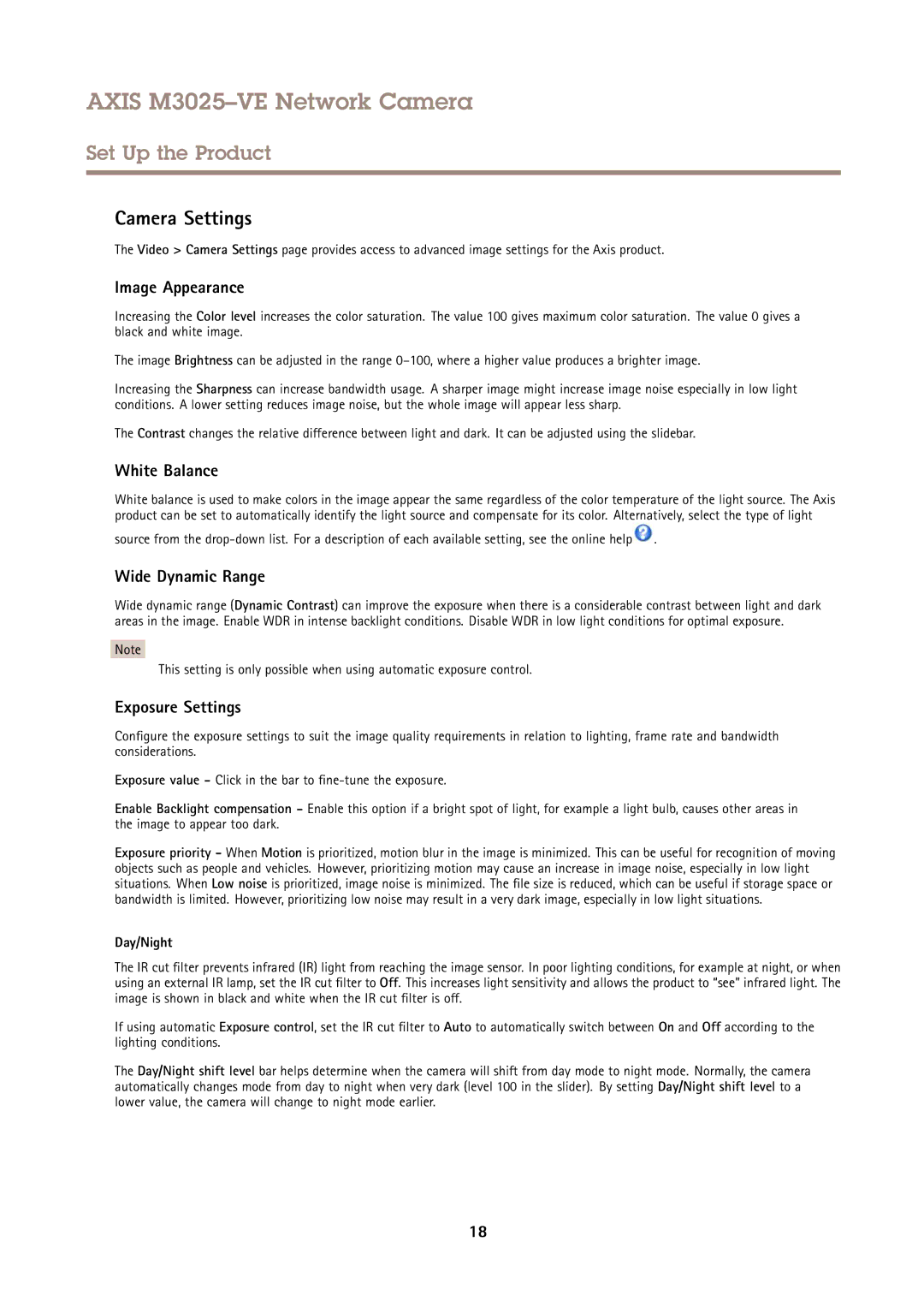 Axis Communications M3025-VE Camera Settings, Image Appearance, White Balance, Wide Dynamic Range, Exposure Settings 