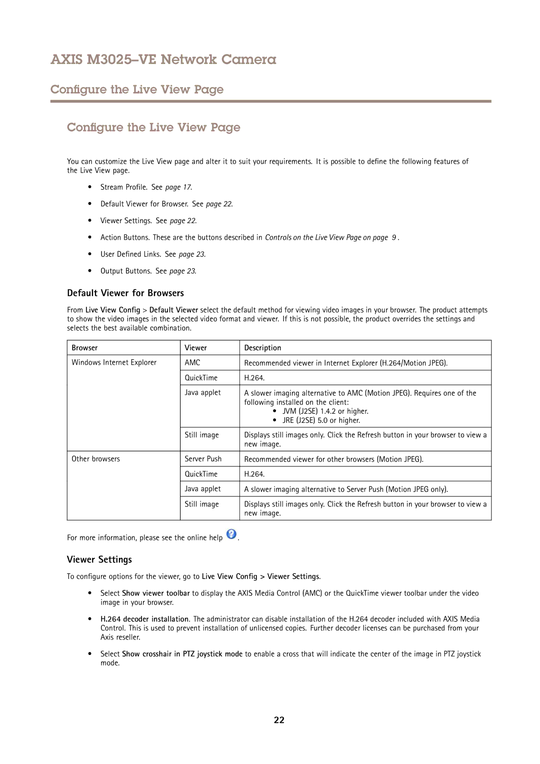 Axis Communications M3025-VE user manual Configure the Live View, Default Viewer for Browsers, Viewer Settings 