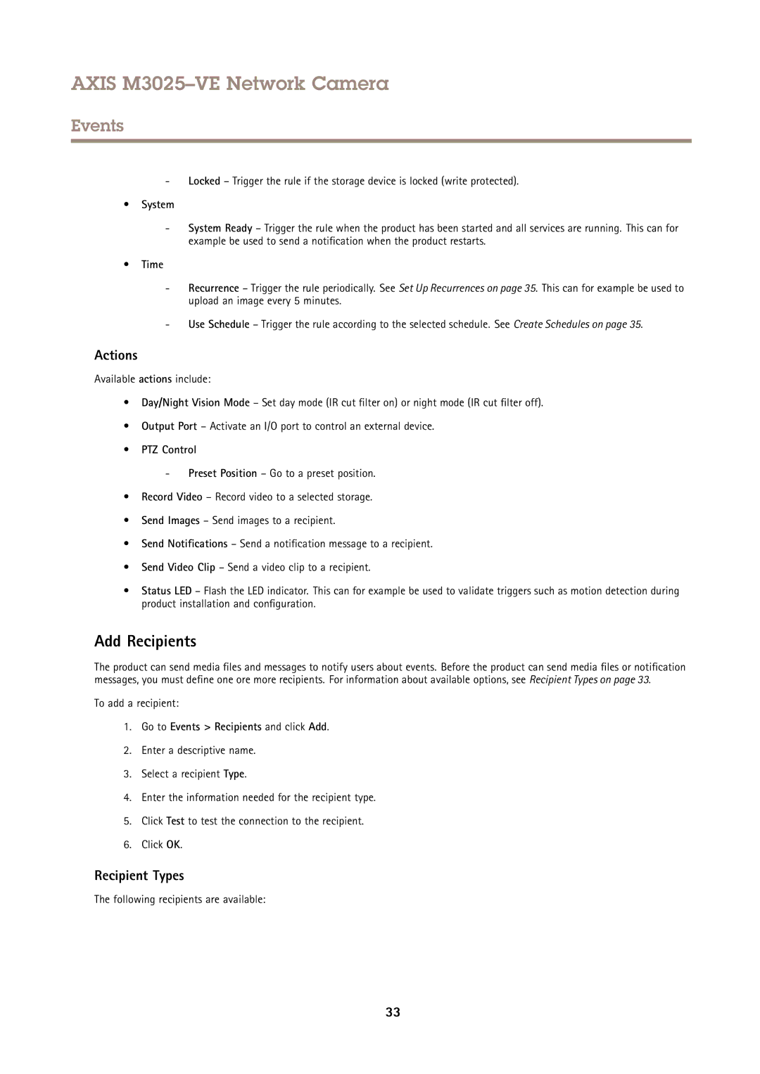 Axis Communications M3025-VE user manual Add Recipients, Actions, Recipient Types 