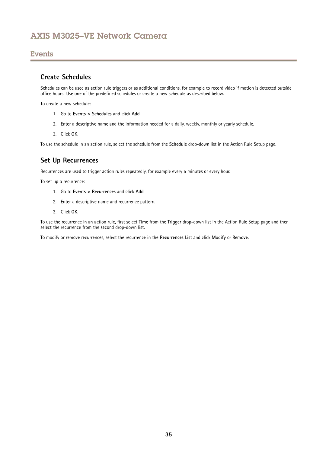 Axis Communications M3025-VE user manual Create Schedules, Set Up Recurrences, To create a new schedule 