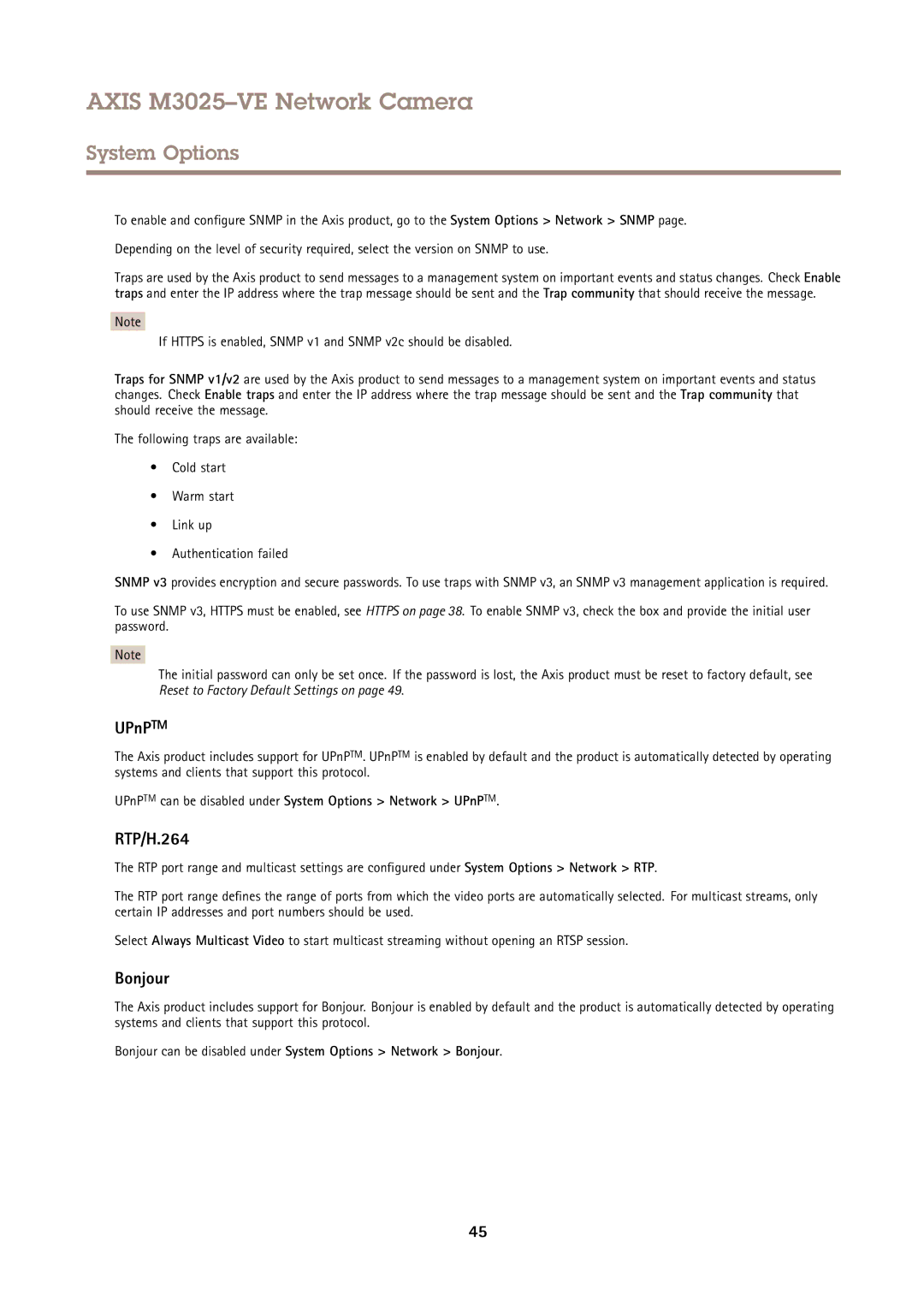 Axis Communications M3025-VE user manual RTP/H.264, Bonjour, UPnPTM can be disabled under System Options Network UPnPTM 