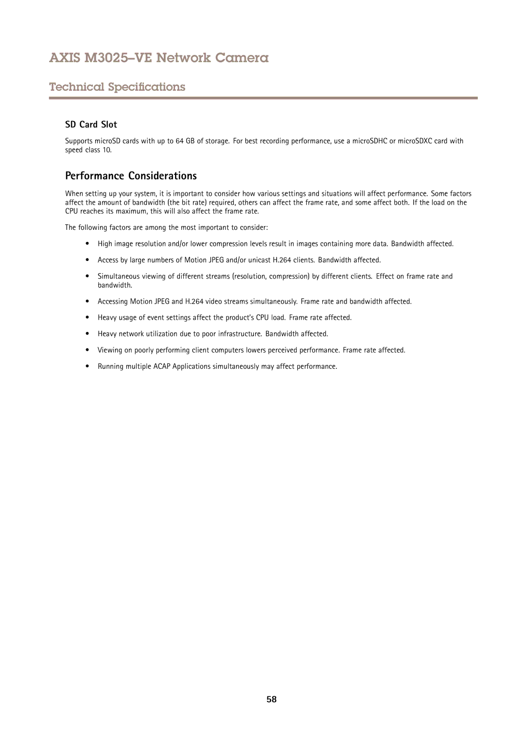 Axis Communications M3025-VE user manual Performance Considerations, SD Card Slot 