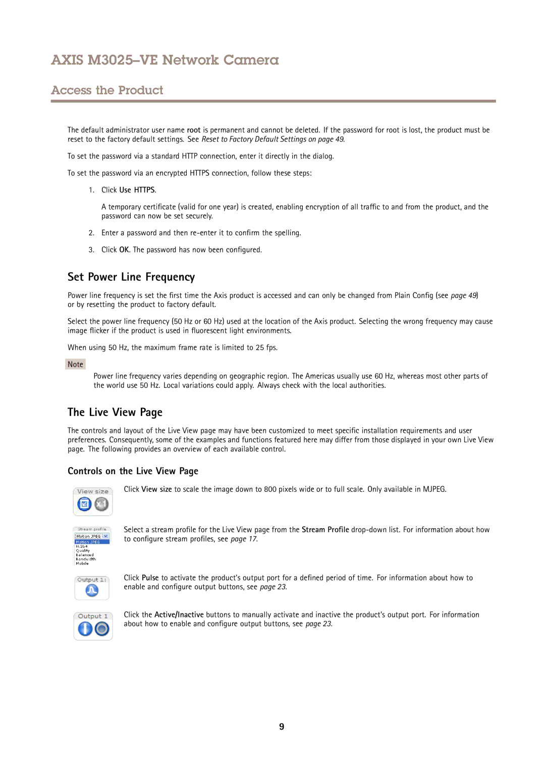 Axis Communications M3025-VE user manual Set Power Line Frequency, Controls on the Live View, Click Use Https 