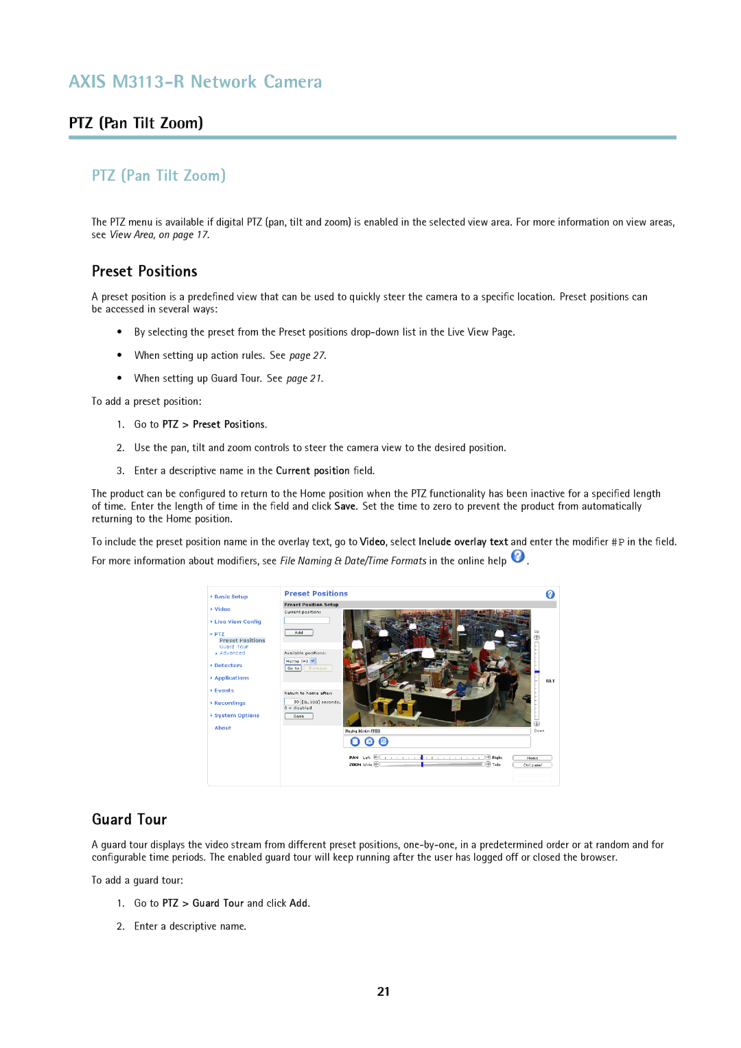 Axis Communications M3113-R user manual PTZ Pan Tilt Zoom, Preset Positions, Guard Tour 