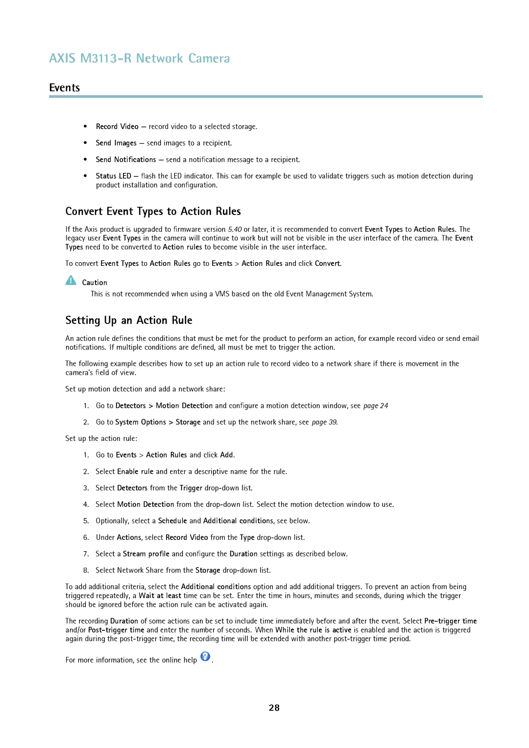 Axis Communications M3113-R user manual Convert Event Types to Action Rules, Setting Up an Action Rule 