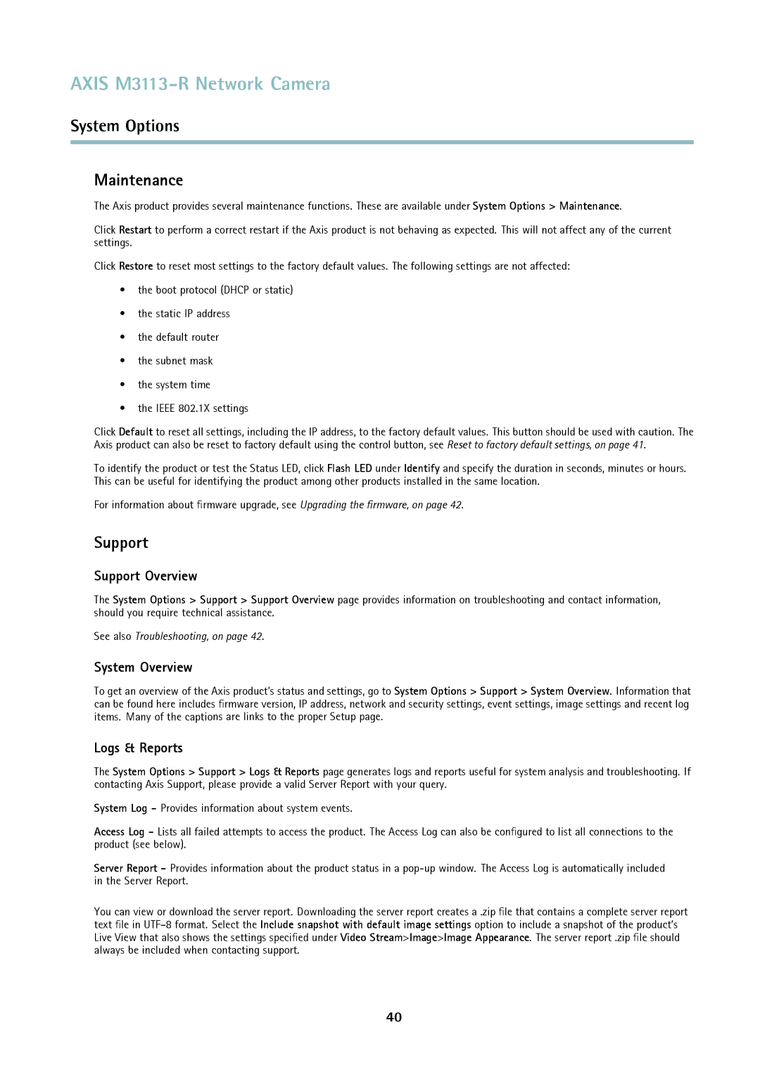 Axis Communications M3113-R user manual Maintenance, Support Overview, System Overview, Logs & Reports 