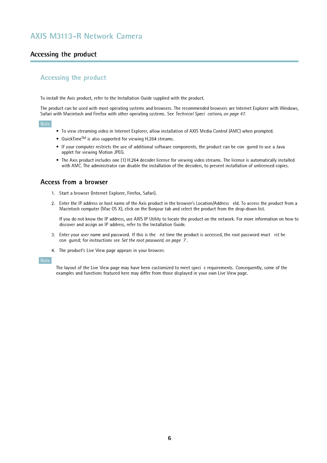 Axis Communications M3113-R user manual Accessing the product, Access from a browser 