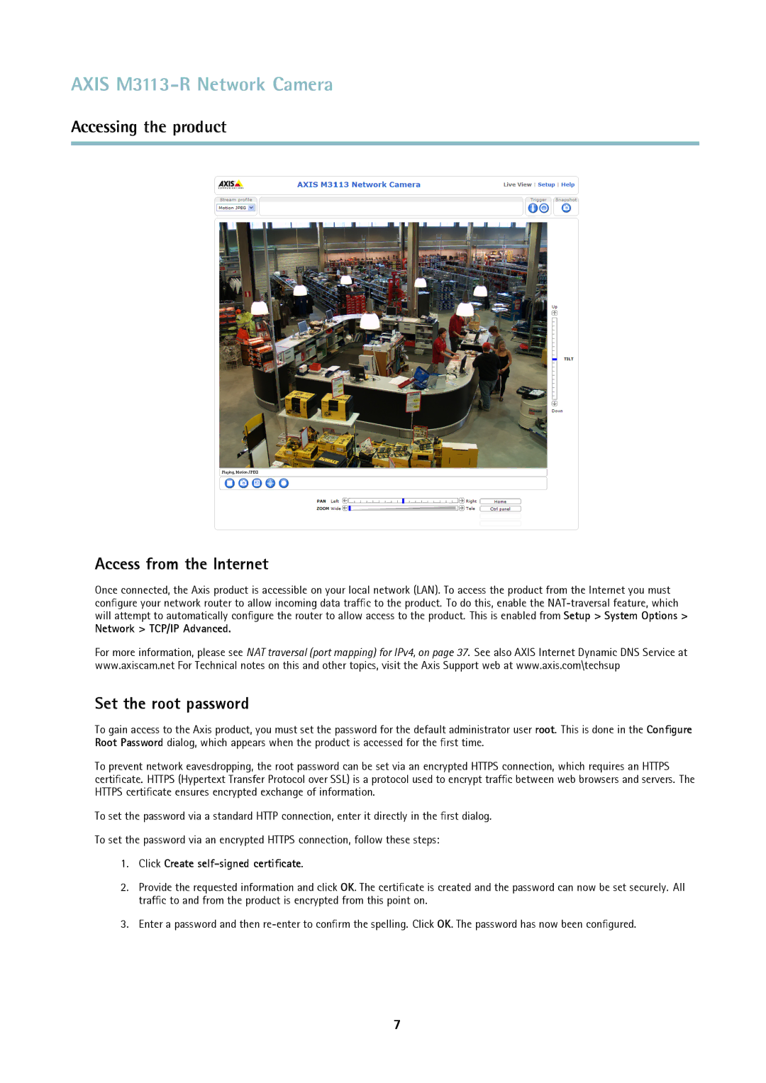 Axis Communications M3113-R user manual Access from the Internet, Set the root password, Network TCP/IP Advanced 