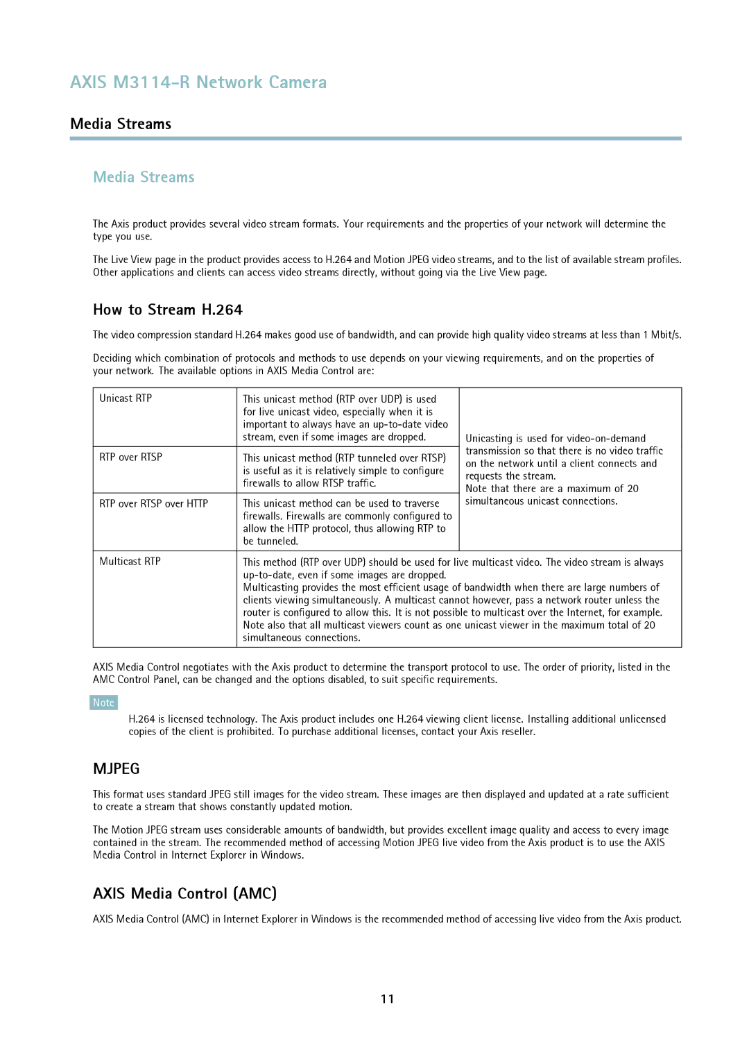 Axis Communications M3114-R user manual Media Streams, How to Stream H.264, Axis Media Control AMC 