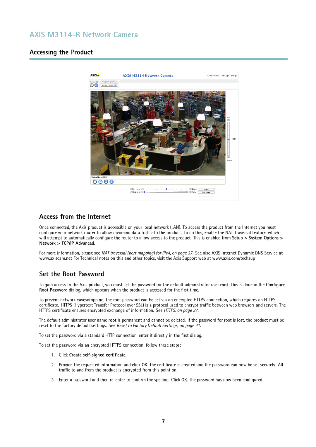 Axis Communications M3114-R Accessing the Product Access from the Internet, Set the Root Password, Network TCP/IP Advanced 